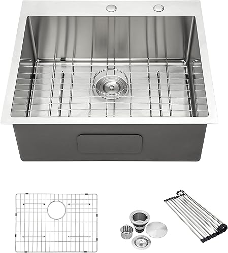 Miniatura 1 de Fregadero de cocina de acero inoxidable de calibre 16 hecho a mano de 25 x 22 pulgadas, montaje superior, para cocina, RV, bar, preparación,