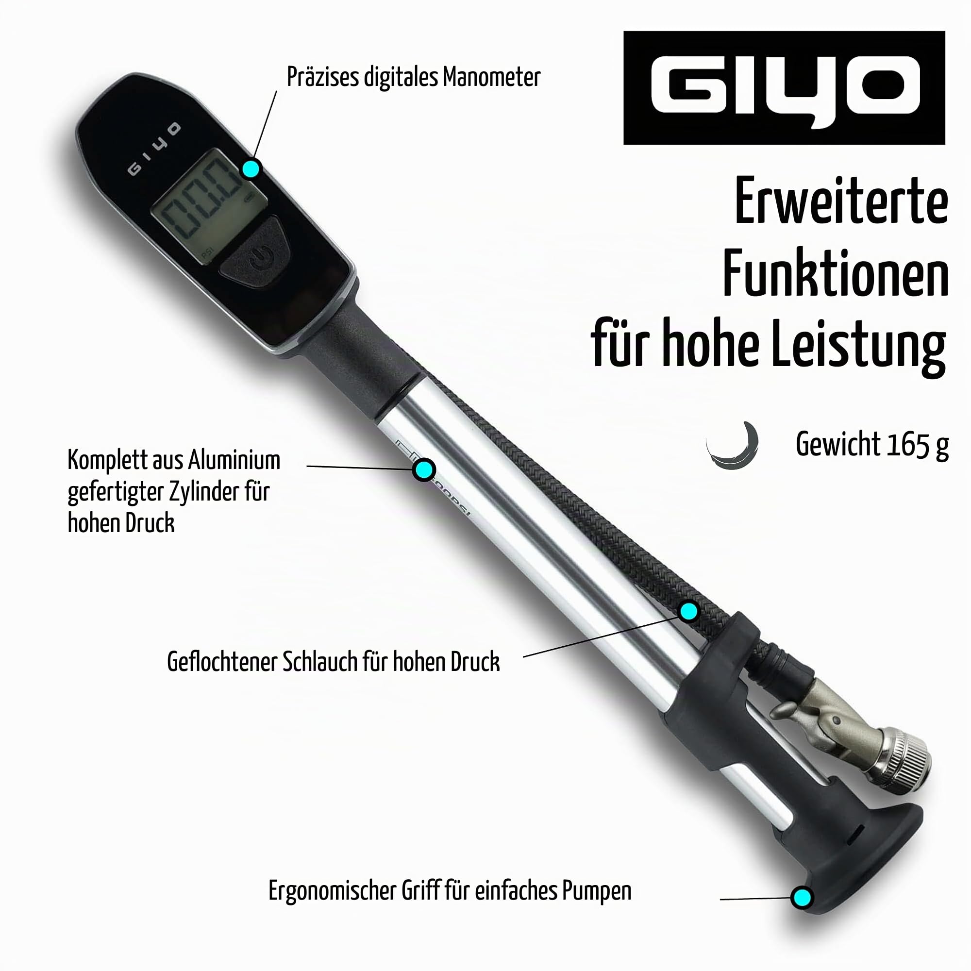 GIYO GS-52L Digitale Turbo-Schockpumpe, 600 PSI, spart 40 % Kraftaufwand, mikroeinstellbarer Entlüfter, Aluminiumfass