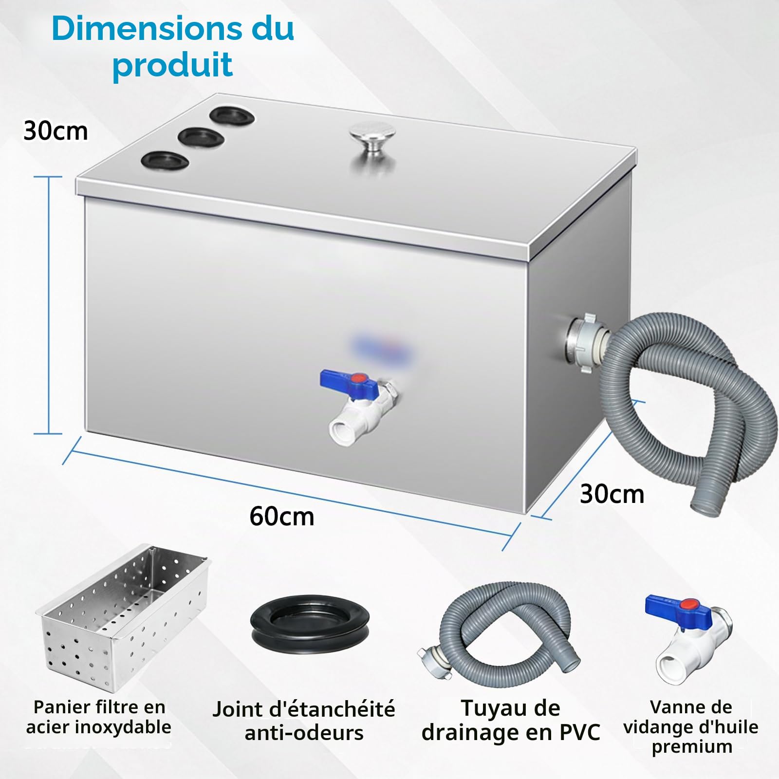 Séparateur de graisse commercial en acier inoxydable de 54 l avec 3 entrées supérieures - Séparateur d'huile et d'eau - 5 niveaux de filtration pour cuisine de restaurant - 60 x 30 x 30 cm