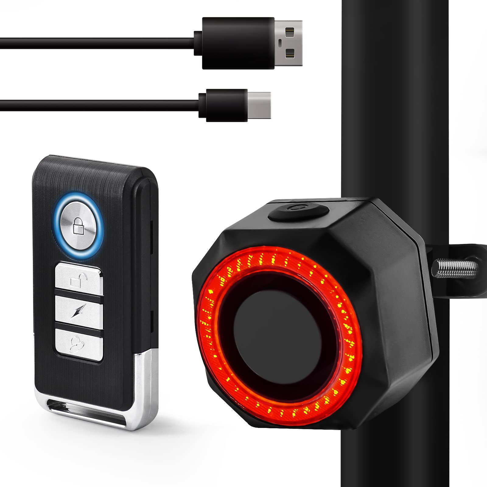 GREENCYCLE USB Charging 110dB Bike Alarm Wireless Vibration Motion Sensor with Taillight, Anti-Theft Bicycle Motorcycle Alarm with Remote, Waterproof, 1SET