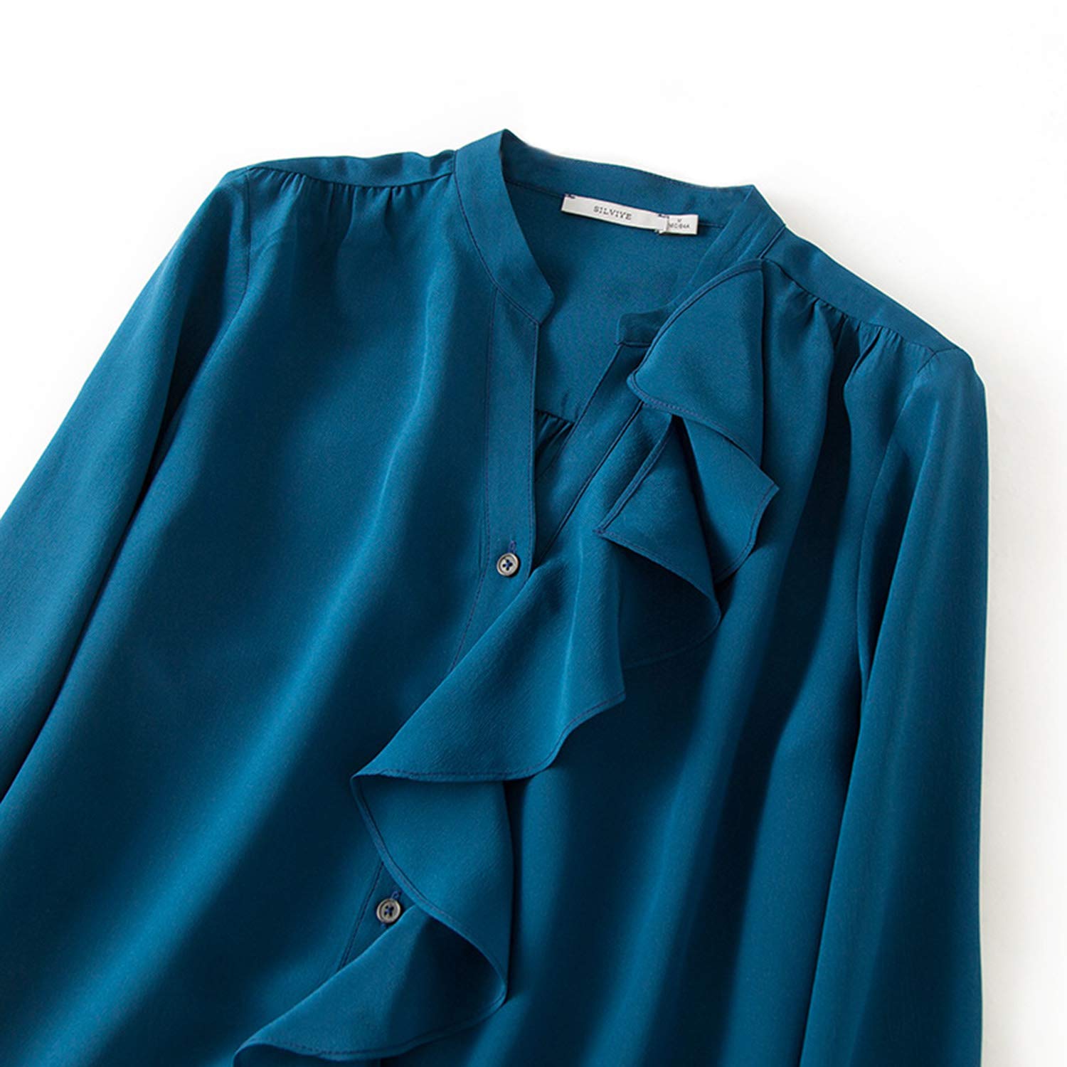 Elegante Camicia da Donna in Seta Blu, Top Primavera A Balze Vintage, Blusa da Ufficio Donna Fashion