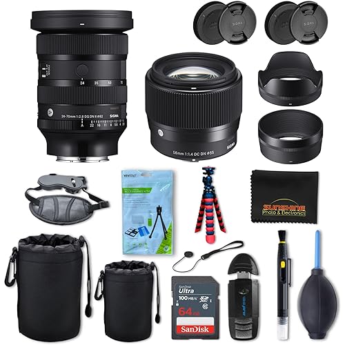Sigma 24-70mm f2.8 DG DN II Art + Sigma 56mm f1.4 DC DN Contemporary Lens for Sony E with Sunshine Photo Accessories Bundle - 4 Years USA Manufacturer Warranty