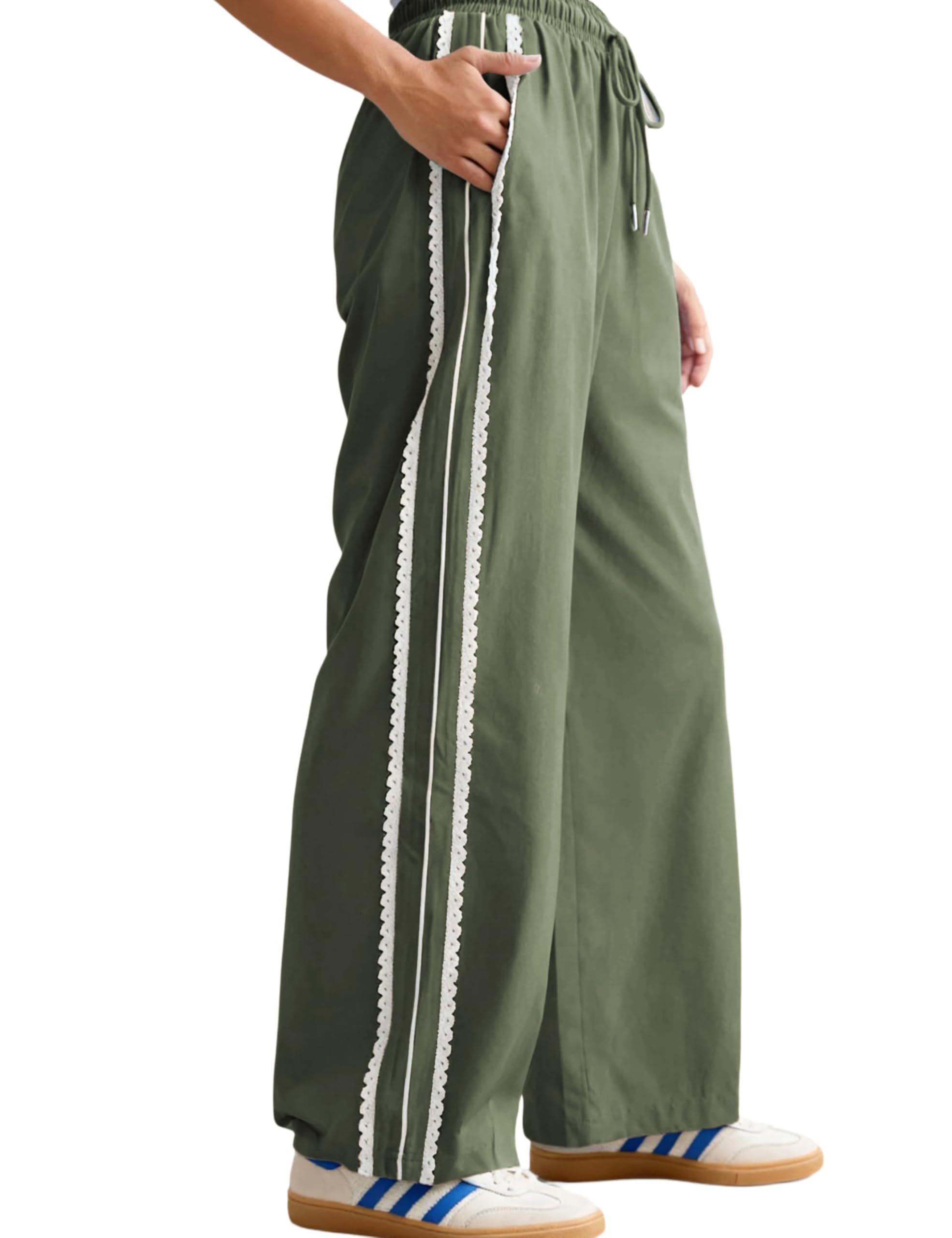 Yeokou Womens Wide Leg Sweatpants Side Stripe Crochet Slip on Drawstring Casual Running Track Palazzo Pants with Pockets