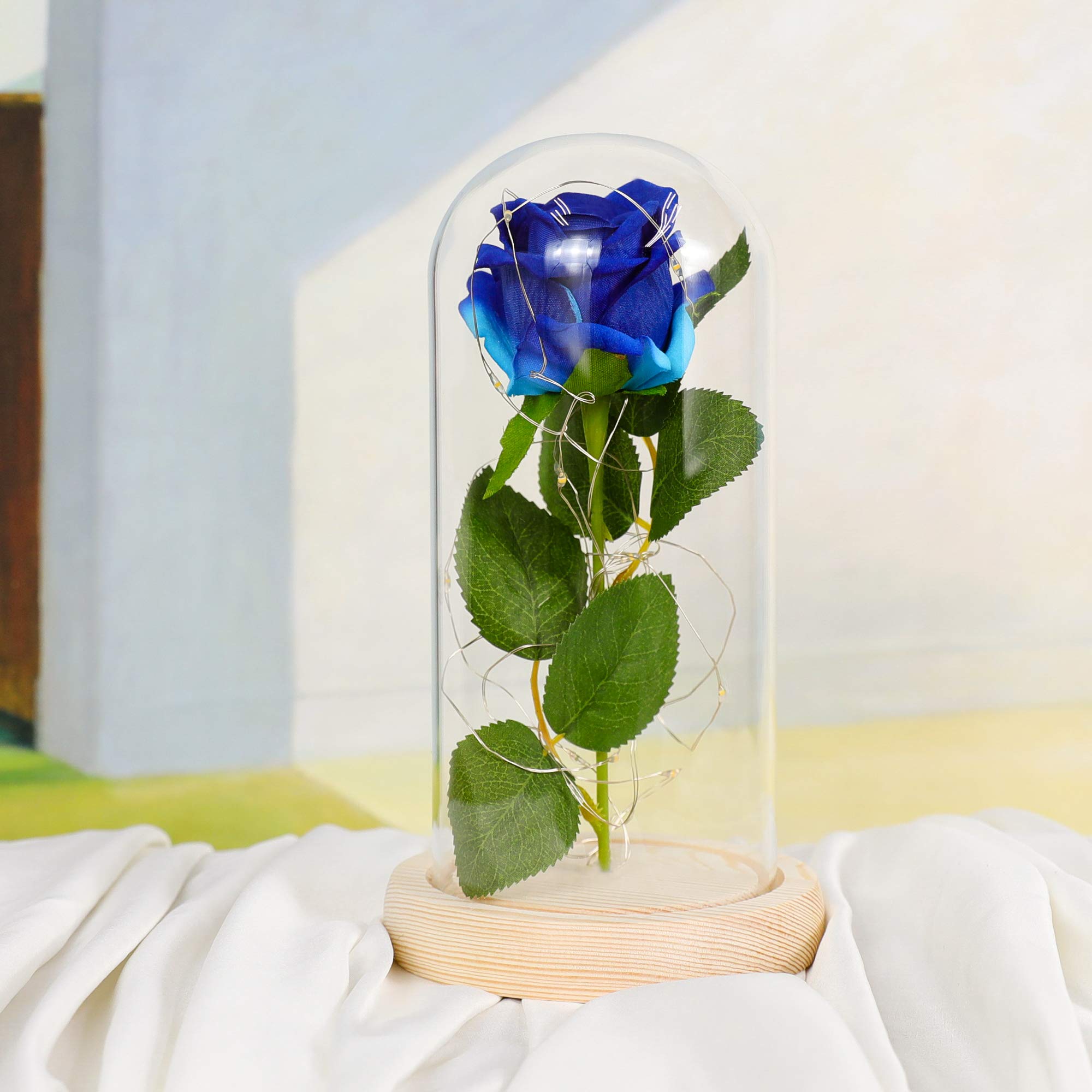 Eternal Rose- Handmade Colorful Rose with Led Light in Glass Dome, Forever Preserved Rose Gifts for Her, Beauty Women Mom Girl Gift for Anniversary, Birthday, Mother’s Day, Valentine’s Day (Blue)