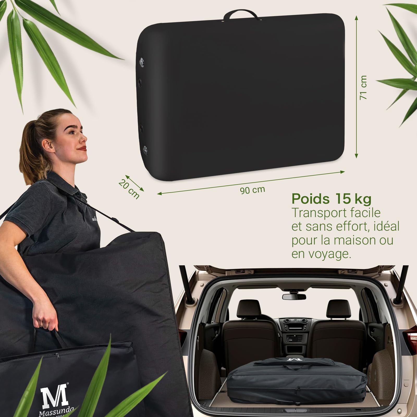 MASSUNDA - Mobile Comfort Deluxe Table de Massage réglable en Hauteur, Table de Massage Pliante Large en Bois Massif, Tables de Massage, Professionnelle (Noir)