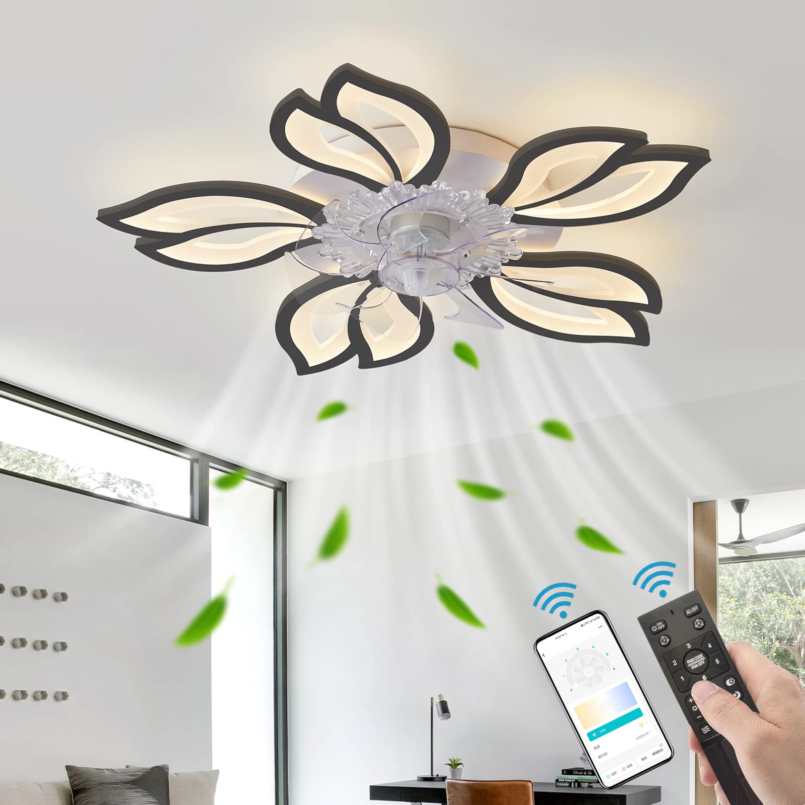 ATEEZ Moderno Ventilatore da Soffitto con Luce e Telecomando Silenziosa 6 Velocità Ventilatori da Soffitto con Lampada Dimmerabile Motore Reversibile Plafoniera con Ventilatore Timer-Black