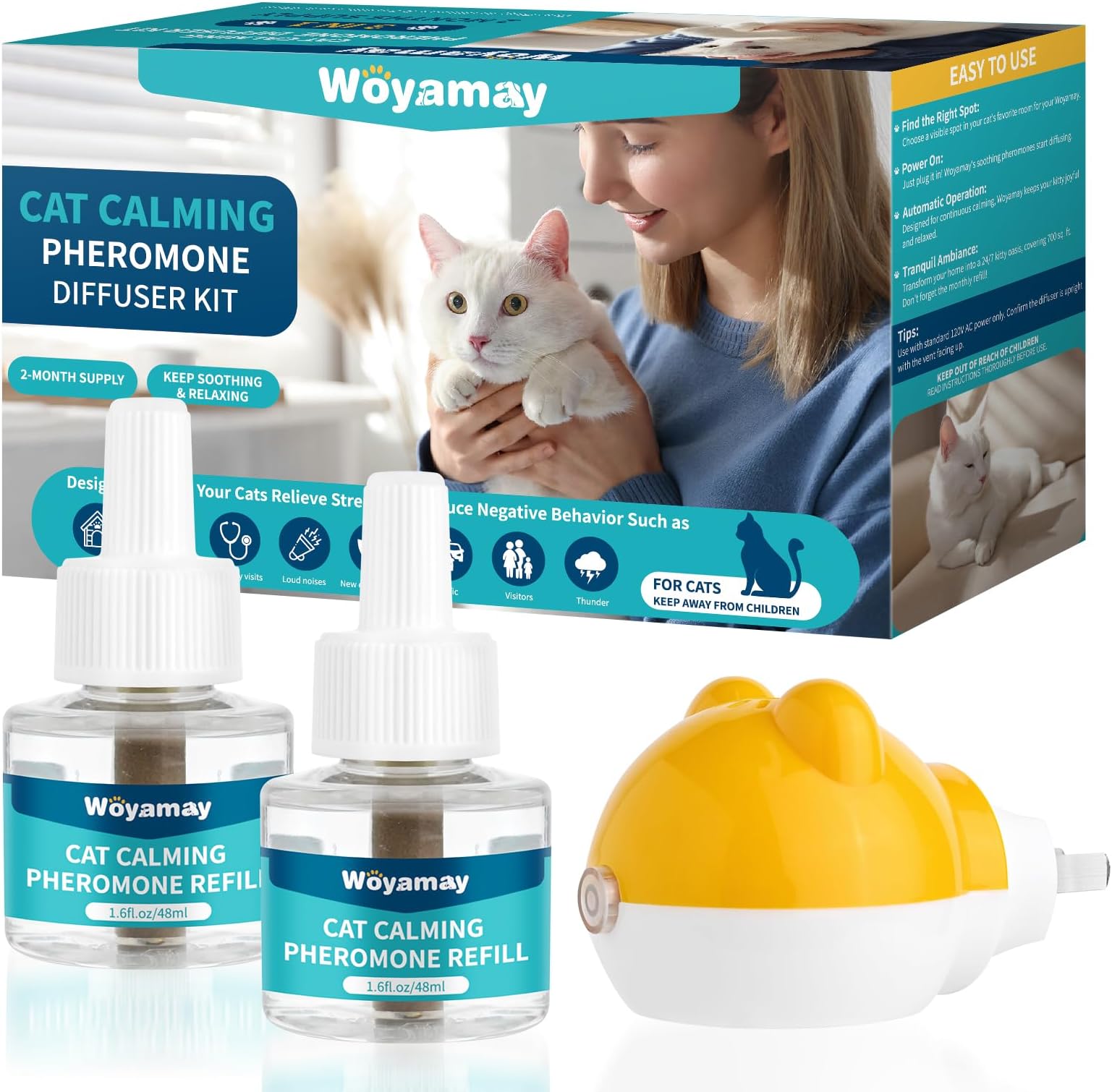 Woyamay Cat Calming Diffuser - Cat Pheromones Calming Diffuser for Cat Anxiety Relief 3-in-1 Cat Pheromone Diffuser Kit with 1 Diffuser + 2 Refill 48ml Vial - 60 Days Pheromone Diffuser to Calm Cats
