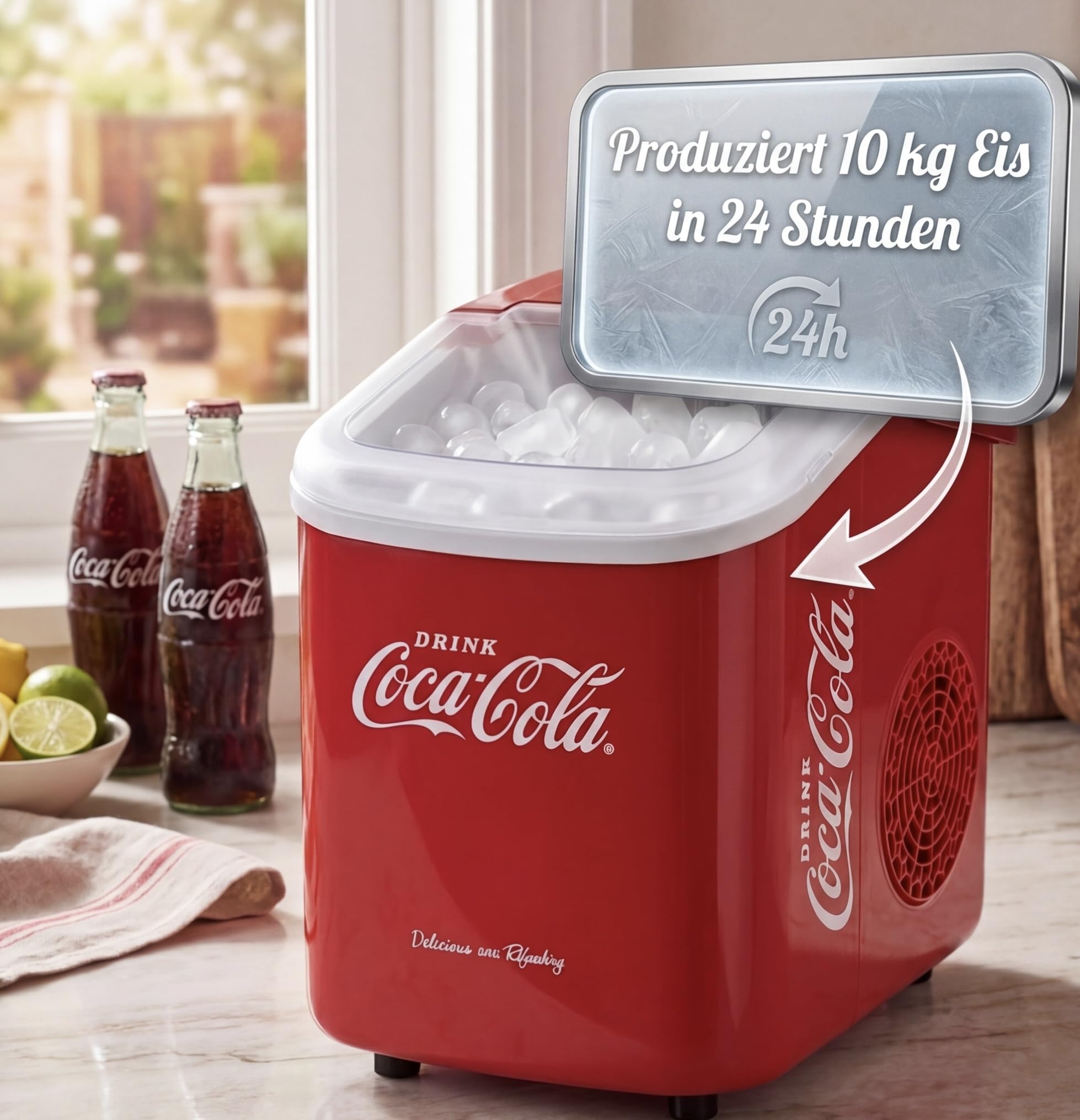 Salco Coca-Cola Retro Eiswürfelmaschine – Schneller Eiswürfelbereiter für Party, Camping & Home, 9 Würfel in 7-11 Min, Mobiler Eismacher mit Tragebügel, 12kg/24h, Inkl. Schaufel & Korb, Rot