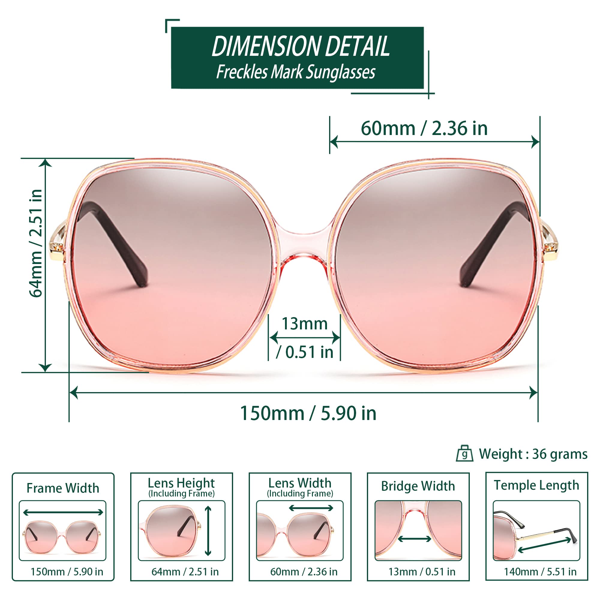 Freckles Mark Damen 70er super-Oversize-Platz Sonnenbrillen für Vintage-rechteckige kunststoffrahmen übergröße rosa-grün