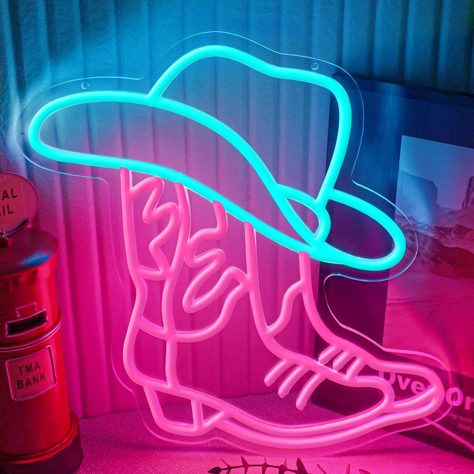Flixyticy Cowboy Boot&Hat Neon Schild für Wanddeko, Leuchtreklame, LED Leuchtschild Hängeschild Wandschild USB-Betrieb mit dimmbarem Schalter für Wohnzimmer Schlafzimmer (Cowboy Boot&Hat)