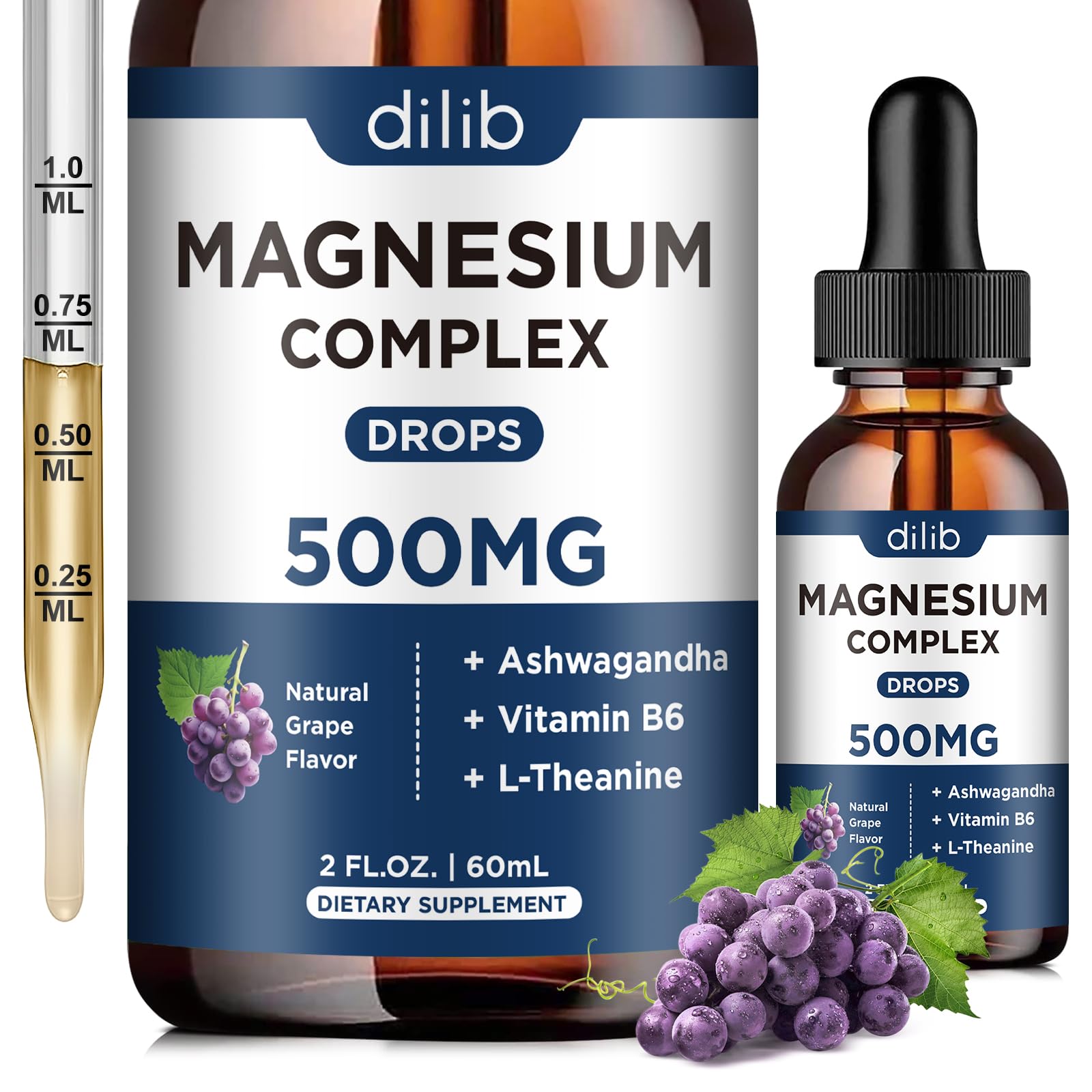 Magnesium Glycinate Liquid Drops, Magnesium Glycinate Supplement 500mg with Citrate, Malate, Ashwagandha, L-Theanine, Vitamin B6 for Sleep, Stress Relief, Bone, Muscle, Mood, Grape Flavor 2 Fl Oz Grape 2 Fl Oz (Pack of 1)
