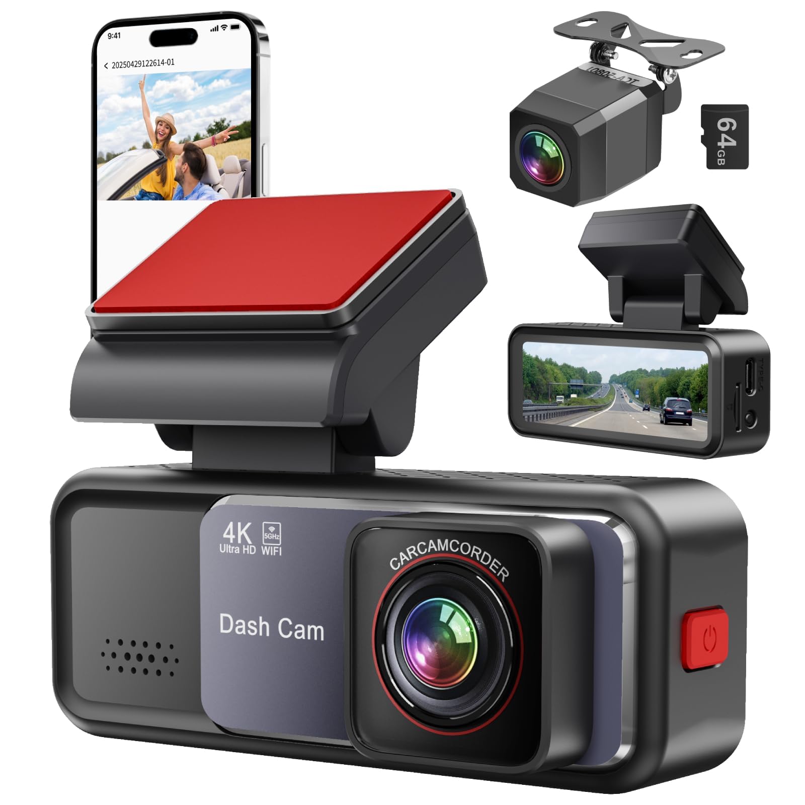 4K 2K Dash Cam Front and Rear Free 64GB Card Included 5 8GHz WiFi Dash Camera for Cars