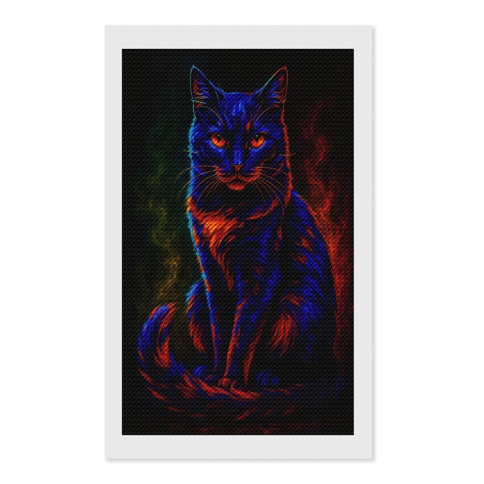 Junmoney Neon Cat Portrait Round Drill Diamond Painting 12"x20", for Craft Lovers, Stress Relief Craft, Bedroom Decor, Festive Craft Gift