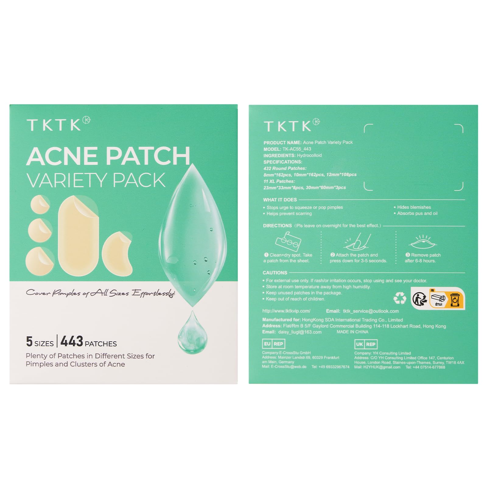 TKTK 443 Count Pimple Patches for Face, Hydrocolloid Acne Patch Bulk, Acne Stickers for Covering Cheeks, Forehead, Chin Blemishes Zit Breakouts for All Skin Types (Dots, Strip, Contoured 5 Sizes): 5 Sizes 609 Count