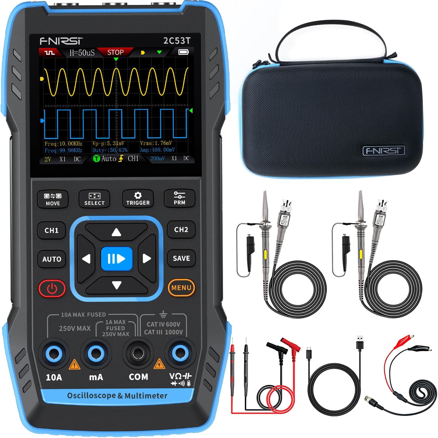 2C53T Upgraded Handheld Oscilloscope, 50MHz Bandwidth, 3IN1 Digital Oscilloscope Multimeter DDS Generator, 250MS/s Sampling Rate, 20000 Counts, Voltage, Current, Capacitor, Resistor, Diode Test