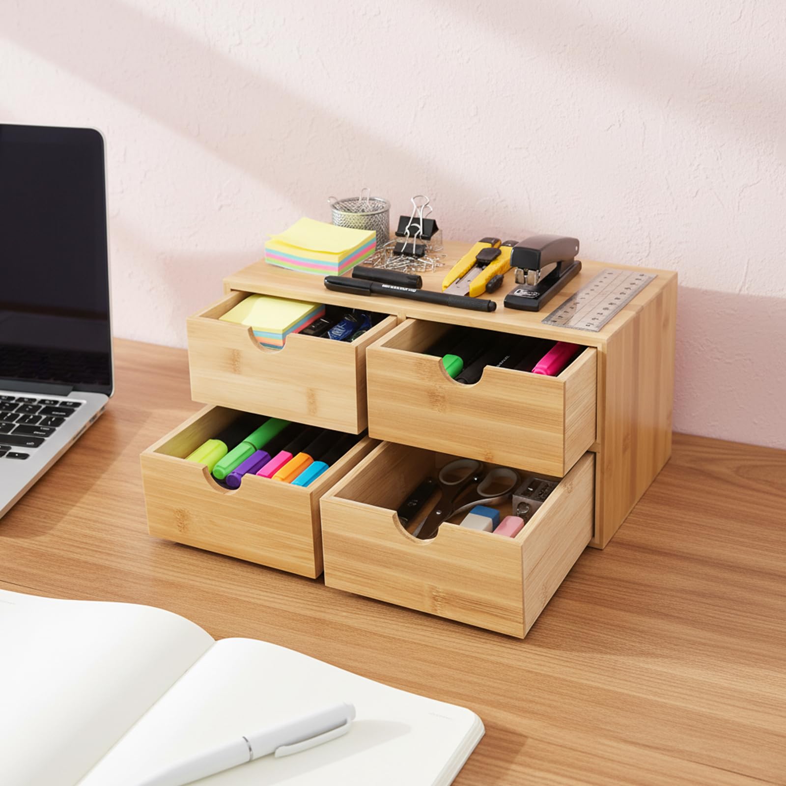 Organizer per cassetti in bambù per scrivania, scatola portaoggetti in legno con 4 cassetti, mini Kommode per ufficio, 33 x 19 x 16 cm, soluzione da scrivania elegante e funzionale