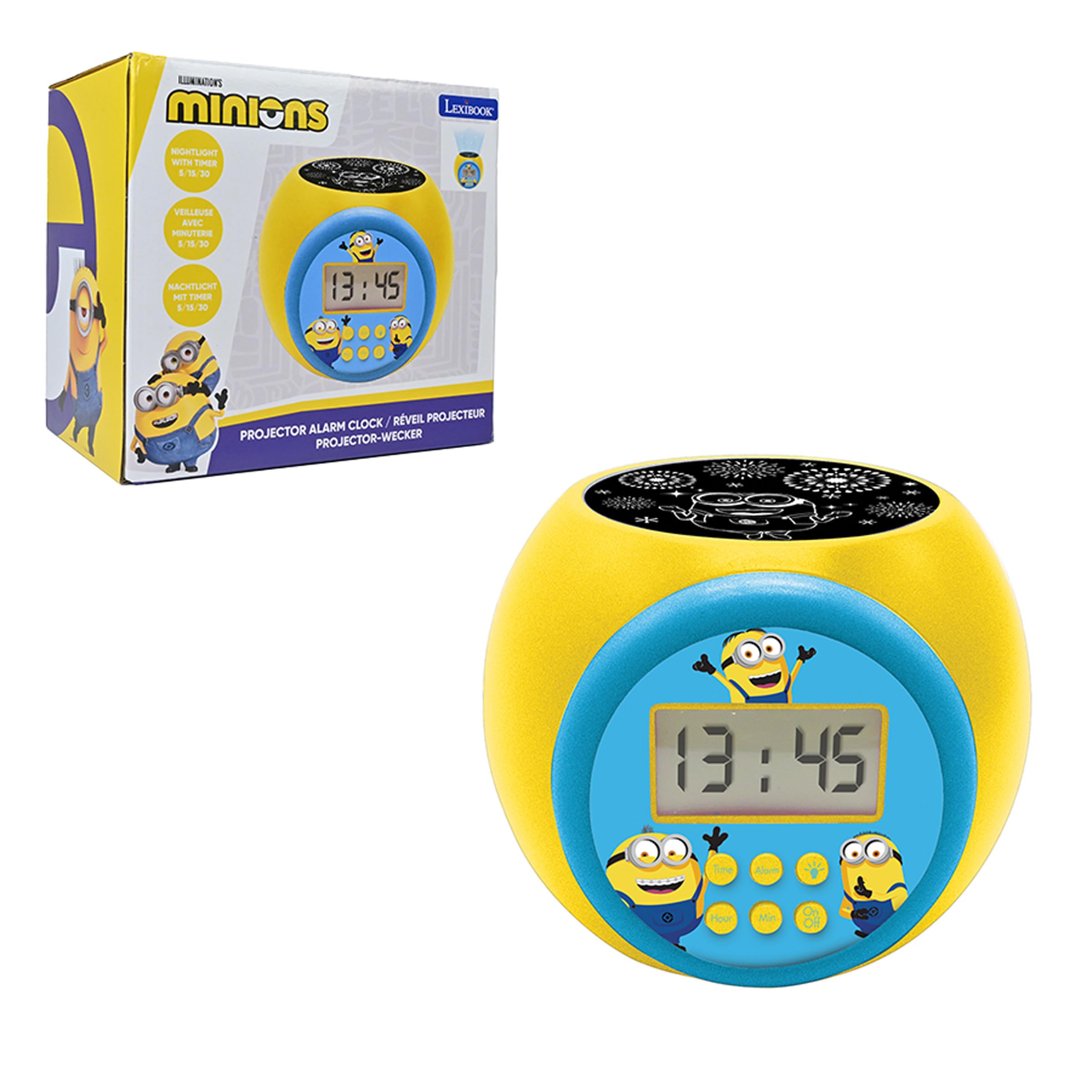 LEXIBOOK, Despicable Me Minions, Projector alarm clock with snooze function and alarm function, Night light with timer, LCD screen, battery operated, Yellow, RL977DES — image 1