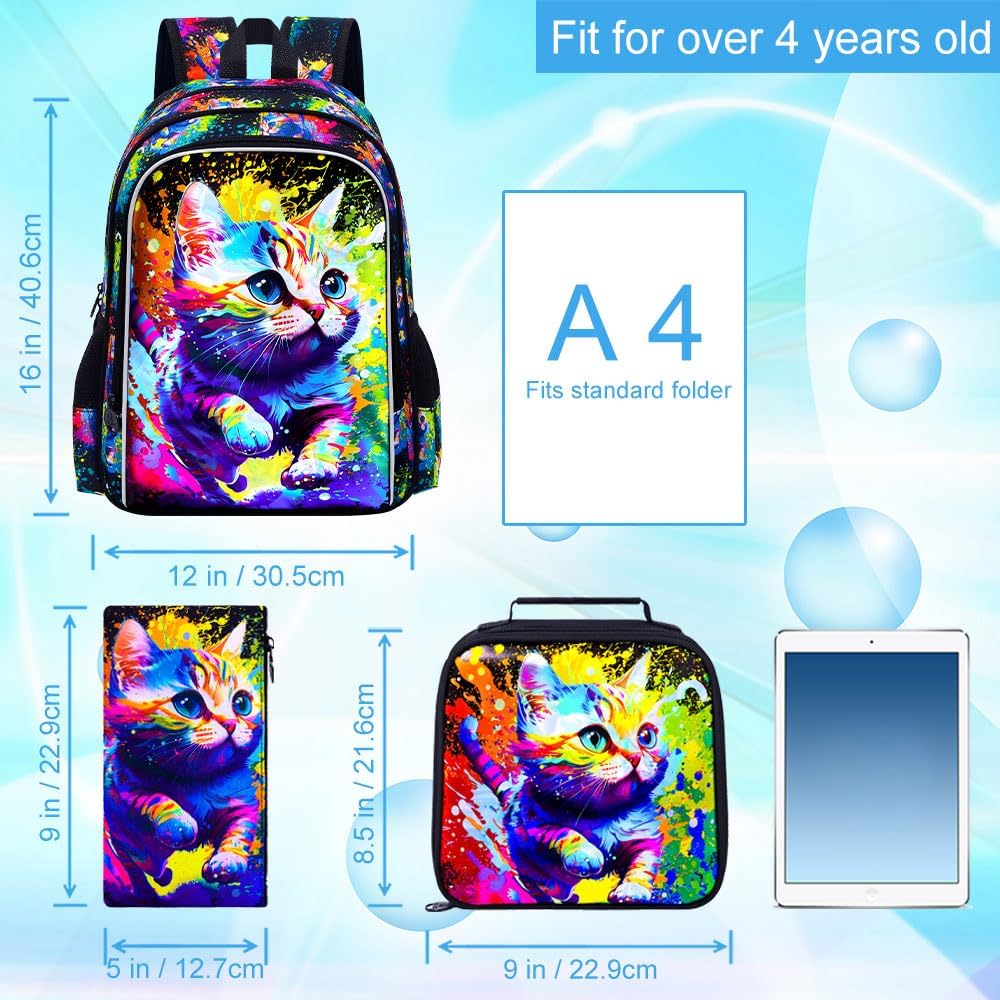 Cat Backpack for Girls, 16" Kids Bookbag with Lunch Box，3Pcs School Backpacks for Elementary Preschool Kindergarten (Graffiti)
