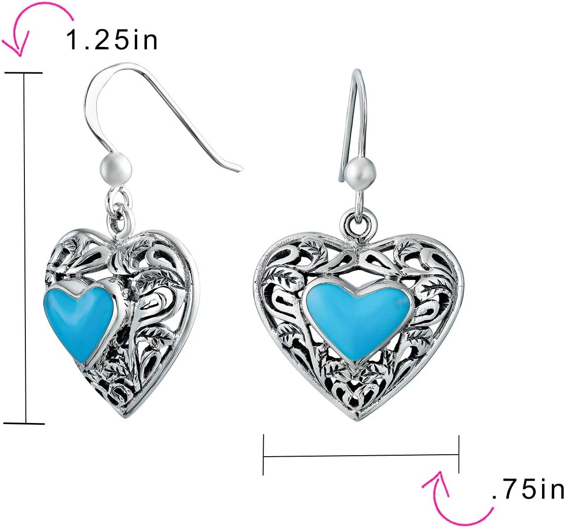 Boho Bali Style Scroll Filigree Blue Turquoise Gemstone Heart Shaped Dangling Earrings For Women Oxidized .925 Sterling Silver Fish Hook