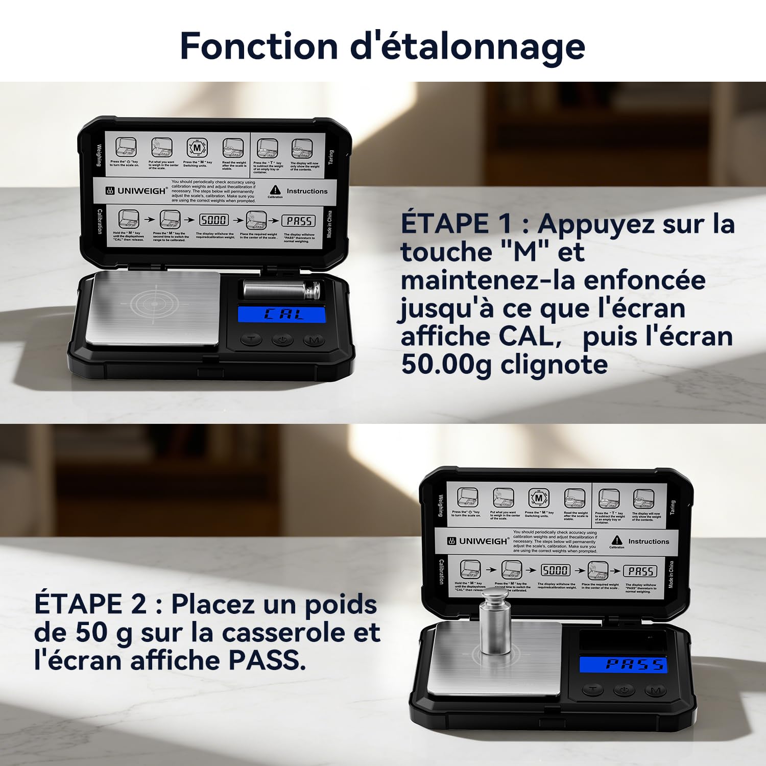 UNIWEIGH Balance de milligramme 50 g/0,001 g numérique de haute précision avec écran LCD/tare, 6 unités de micro-grammes pour poudre médicamenteuse, pièces de monnaie, or, rechargement – Poids Cal
