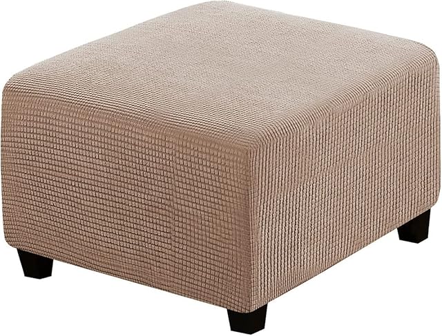 qiden Square Footstool Cover Stretch Ottoman Cover Plush, 10% Thicker Large Stretch Pouffe Cover Anti-Slip Foot Stool Jacquard Slipcovers With Elastic Bottom, Machine Washable-Khaki