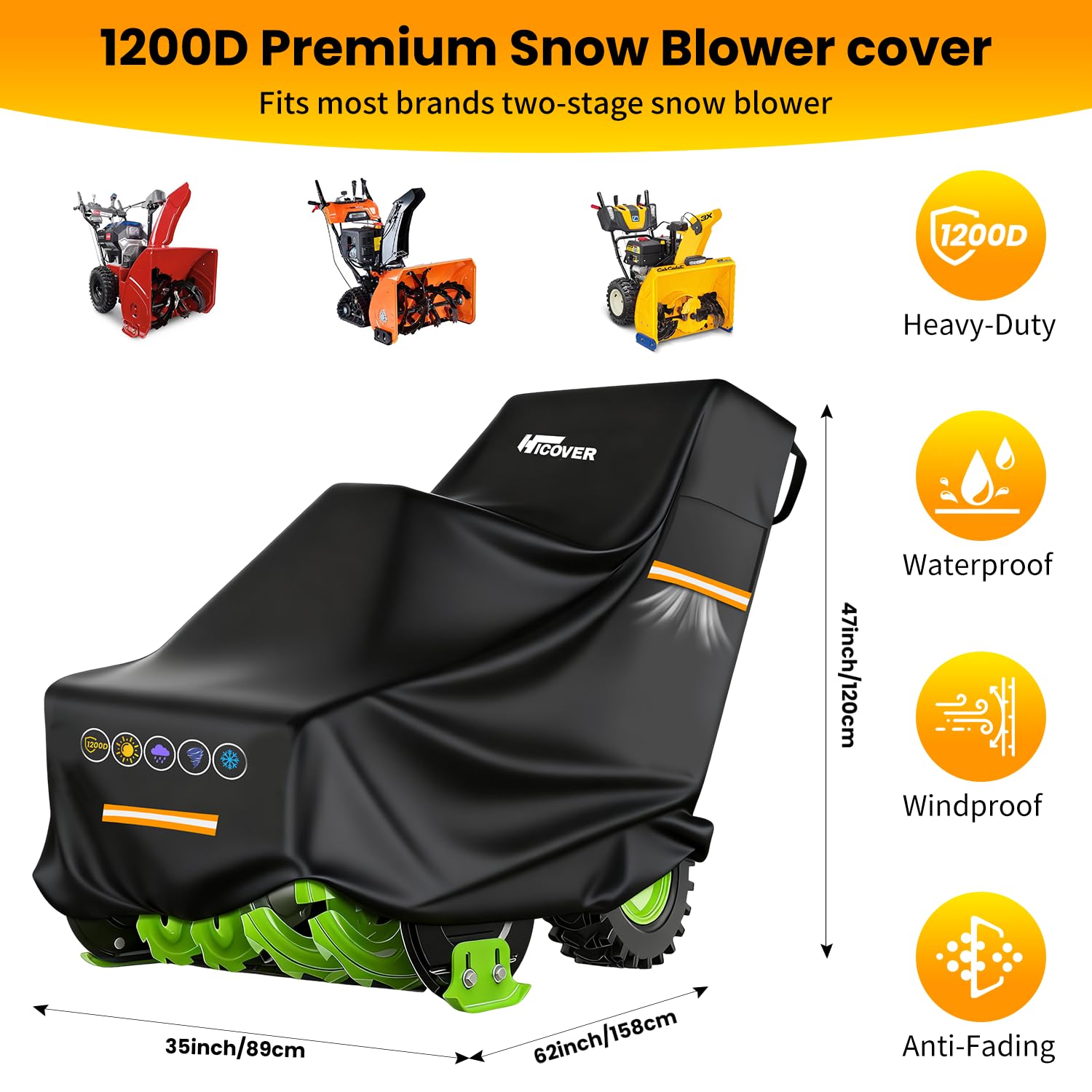 Snow Blower Cover - 1200D Snowblower Covers Heavy Duty Waterproof Zipper Reflective Strips Universal Fit for EGO, Honda, Ryobi, Cub Cadet, Ariens, Troy Bilt, Snow Joe, Toro and PowerSmart - 3