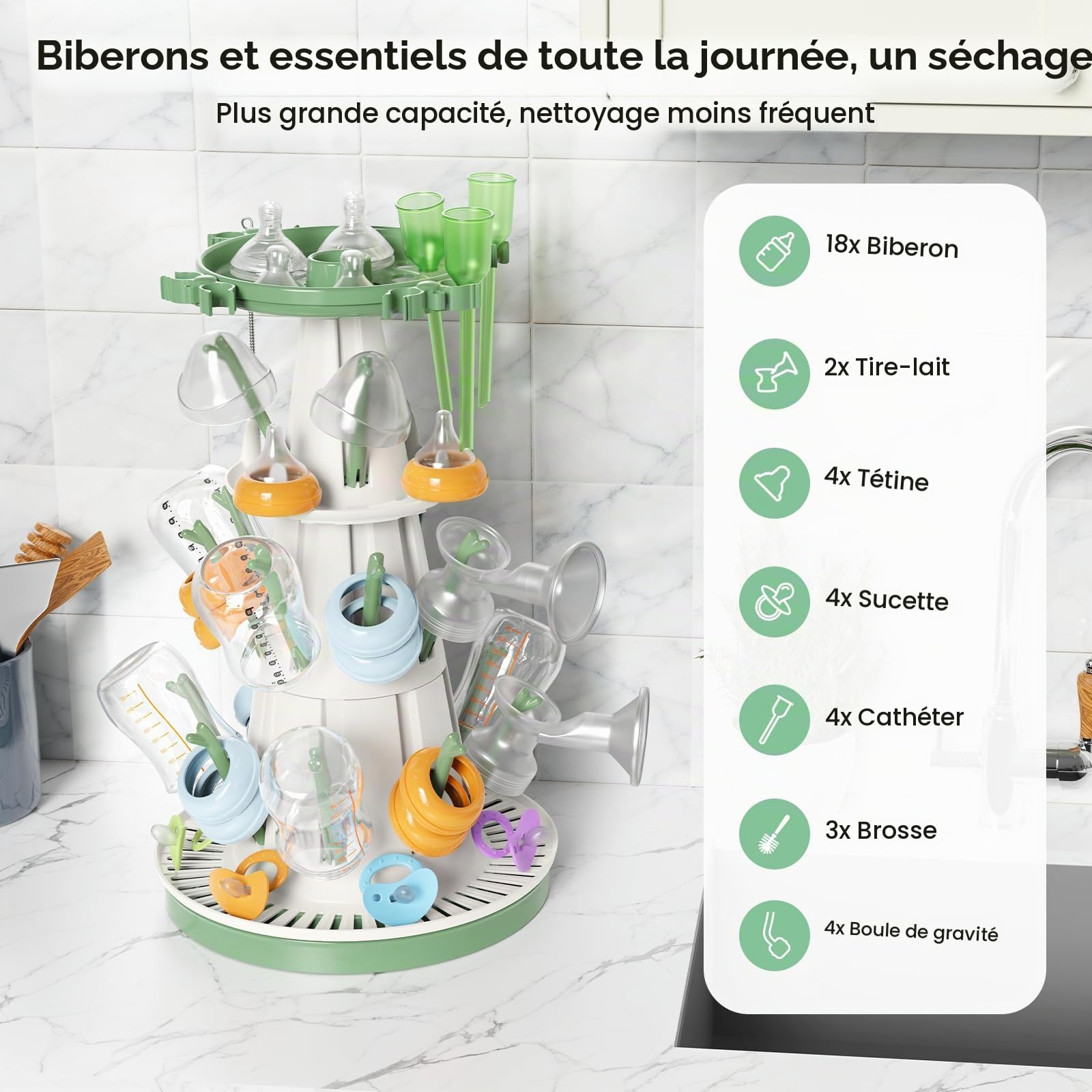 TAZENI Égouttoir à Biberons, 3 Niveaux, 20 Crochets, Tuyau d’Évacuation | Design vertical gain de place, pour tétines, sucettes et pièces de tire-lait, tuyau d’évacuation amovible