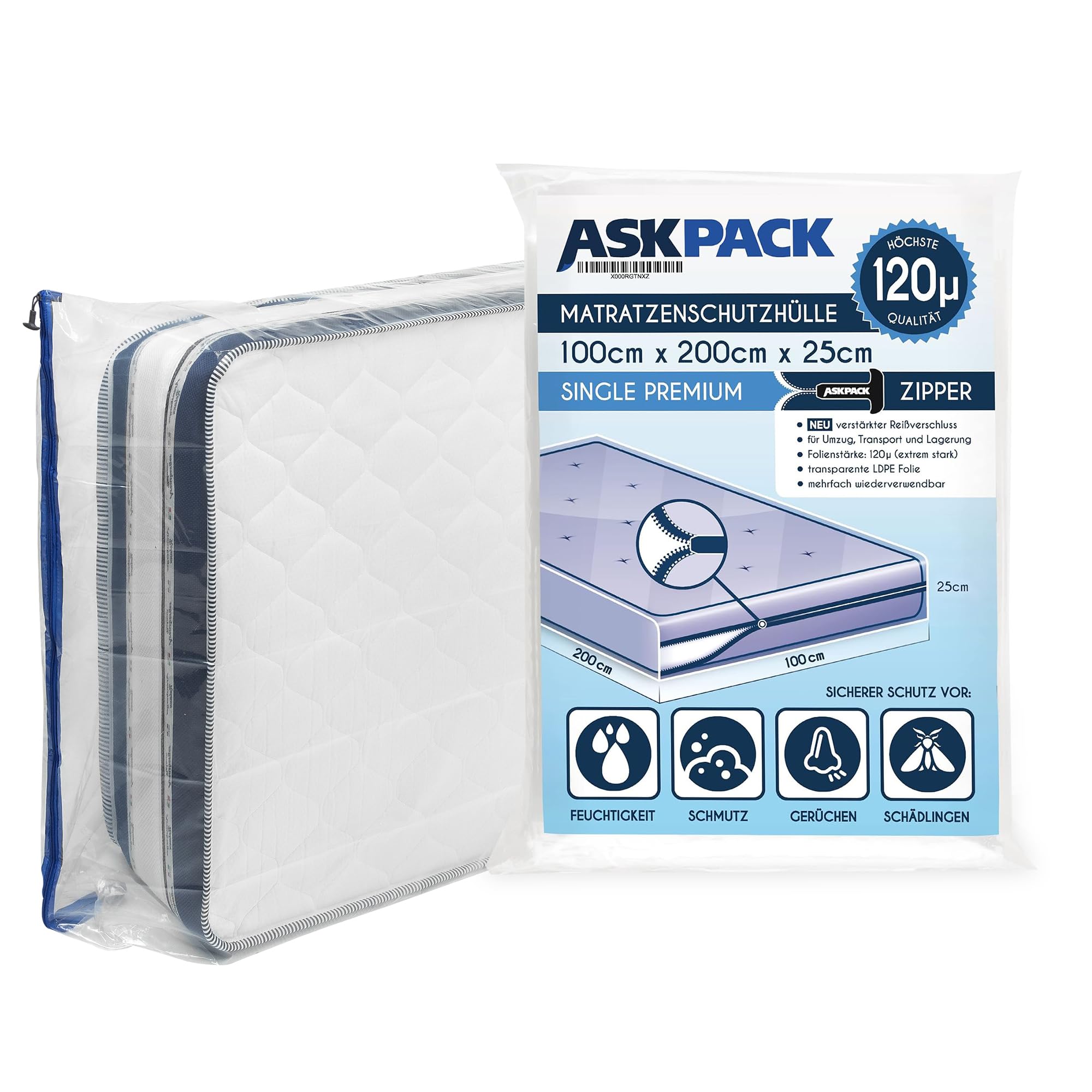 Ask Pack Transparent Mattress Bag For Moving And Storage With Zipper - 4.7 Mil Heavy Duty Material - Size Xs-Xxl, Waterproof Mattress Cover, Tearproof - Reusable Mattress Protector Transport Bags - 100X200 Cm