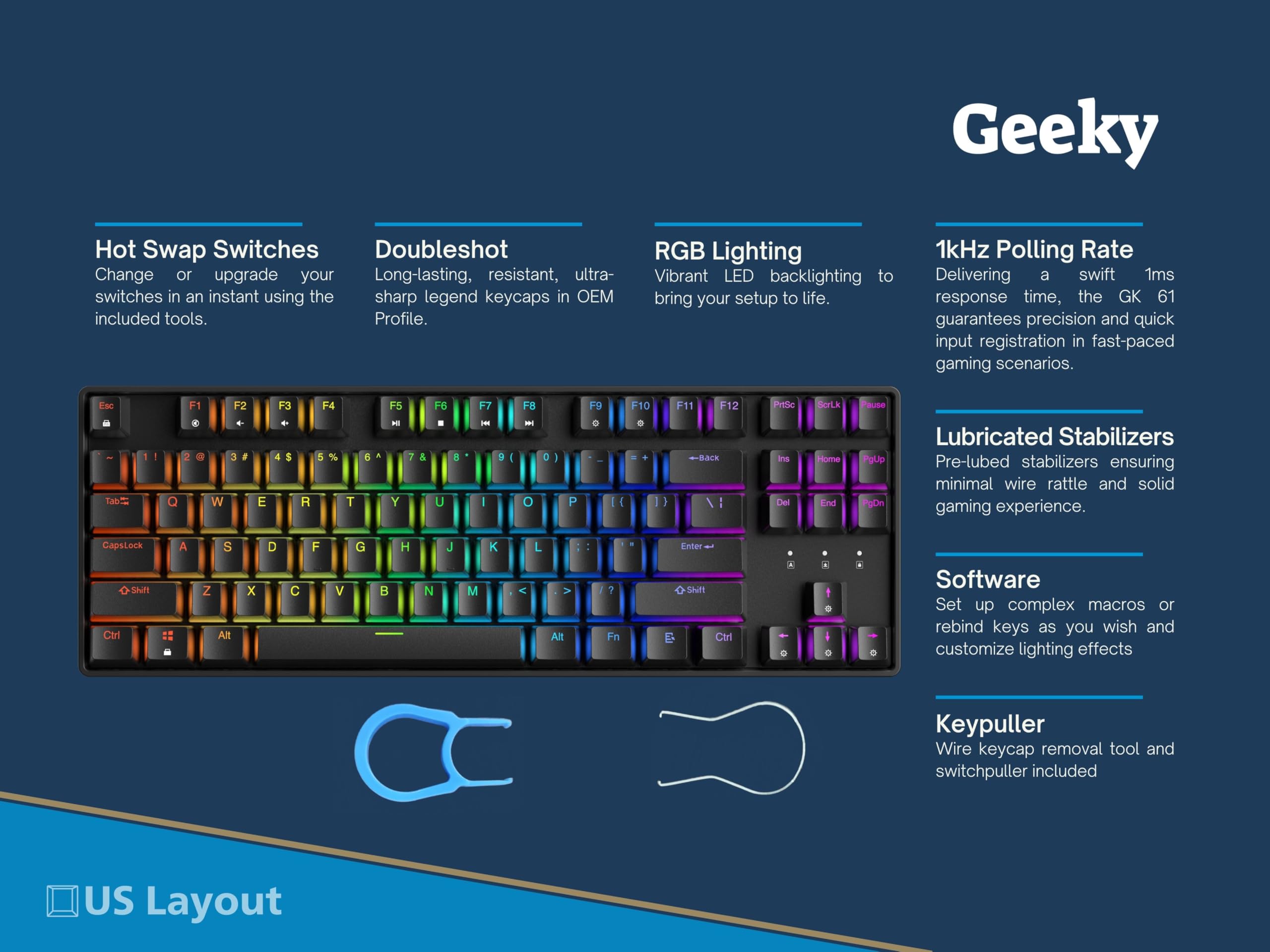Geeky GK80 Tenkeyless, tastiera meccanica da gioco, 87 tasti, retroilluminazione a LED RGB multicolore per PC/Mac Gamer, layout americano ANSI, nero, blu meccanico