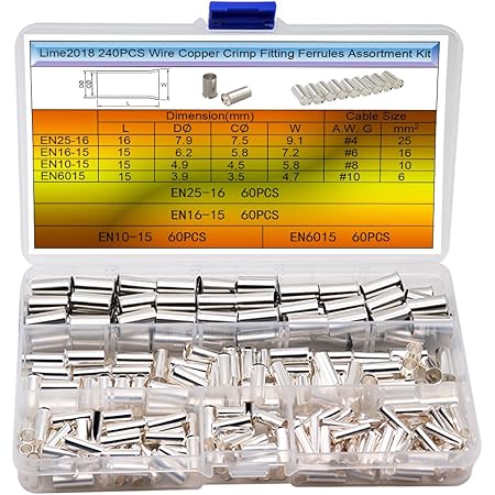 240PCS Wire Copper Crimp Fitting Ferrules :(4Types Gauge: AWG 4,6,8,10) Non Insulated Cable Housing Ferrule Pin Cord End Terminal Kit. Widely Used in Electronics, Communication Equipment,Industry