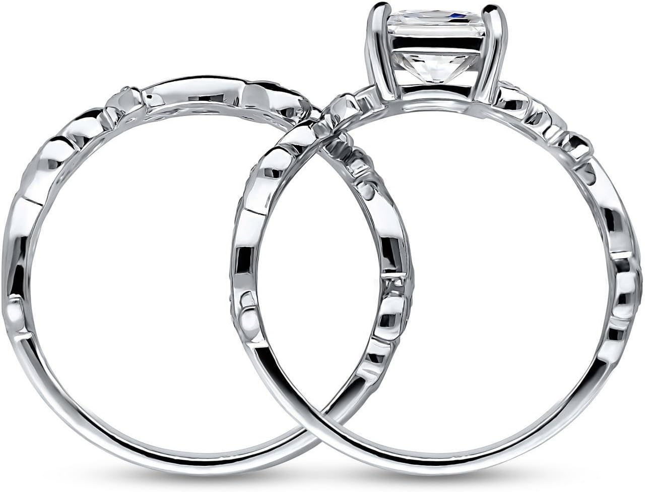 BERRICLE Sterling Silver CZ Solitaire Vine Leaf Wedding Engagement Promise Rings Set for Women, Stackable Cubic Zirconia Band Ring 1-3 Piece Set - Princess, Round Cut