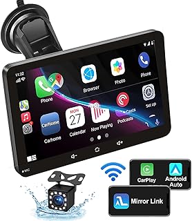 Portable Car Stereo Compatible with Wireless Apple Carplay & Android Auto & Voice Control, 7INCH IPS Touchscreen Car Stereo with Bluetooth, HD Camera, Mirror Link, AUX/USB/TF, Dash or Windshield Mount
