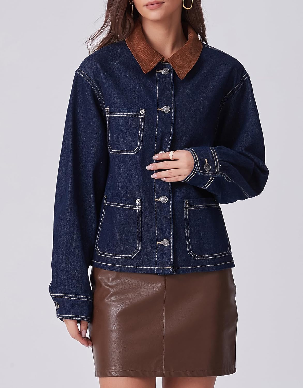 Kedera Women's Denim Jacket with Corduroy Collar Loose Fit Button Down Jean Shacket Vintage Classic Trendy Jean Jacket - Image 3