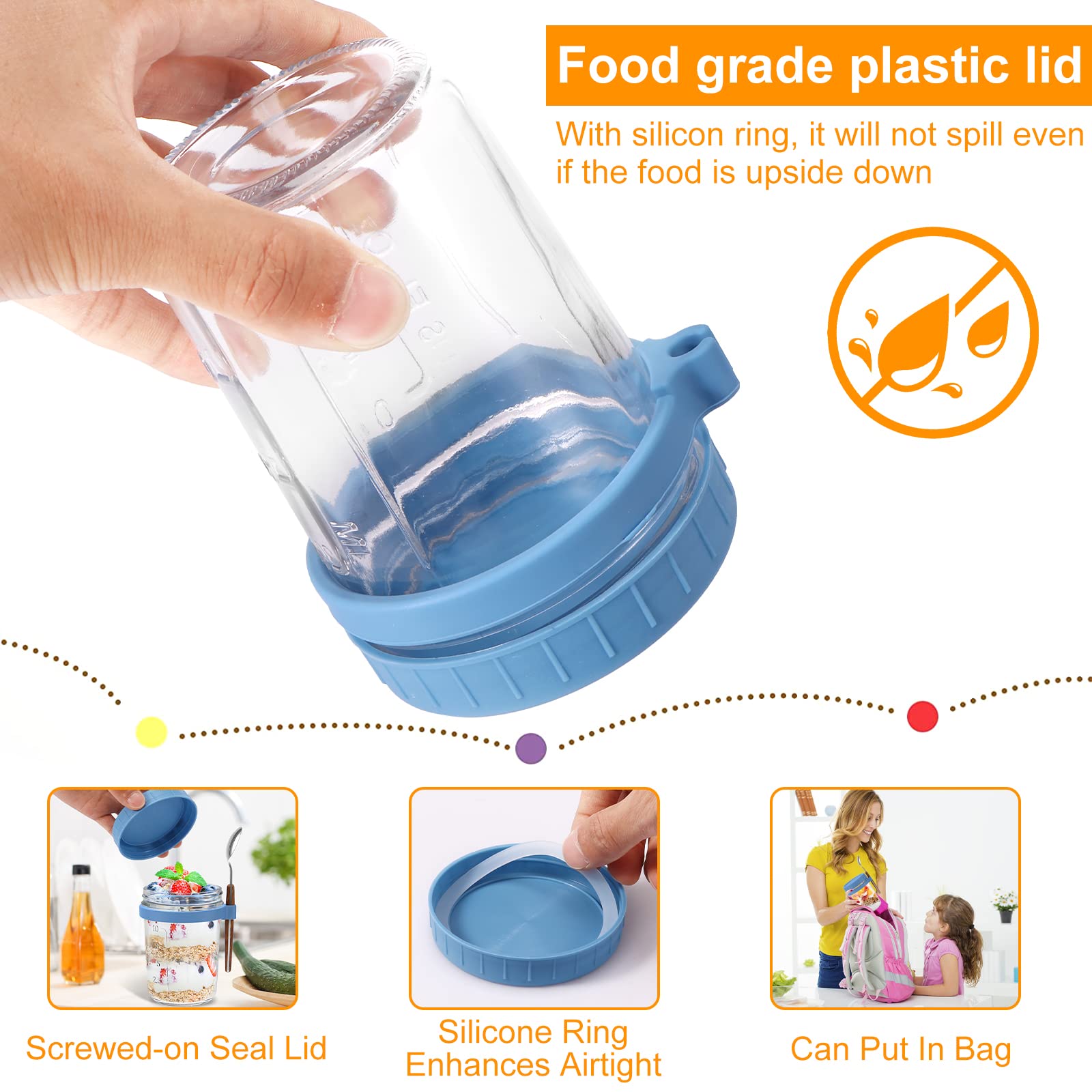 Barattoli Overnight Oats 2 Pezzi - Vetro 300ml, Con Coperchio E Cucchiaio, Per Yogurt E Cereali, Grigio - Foto 4