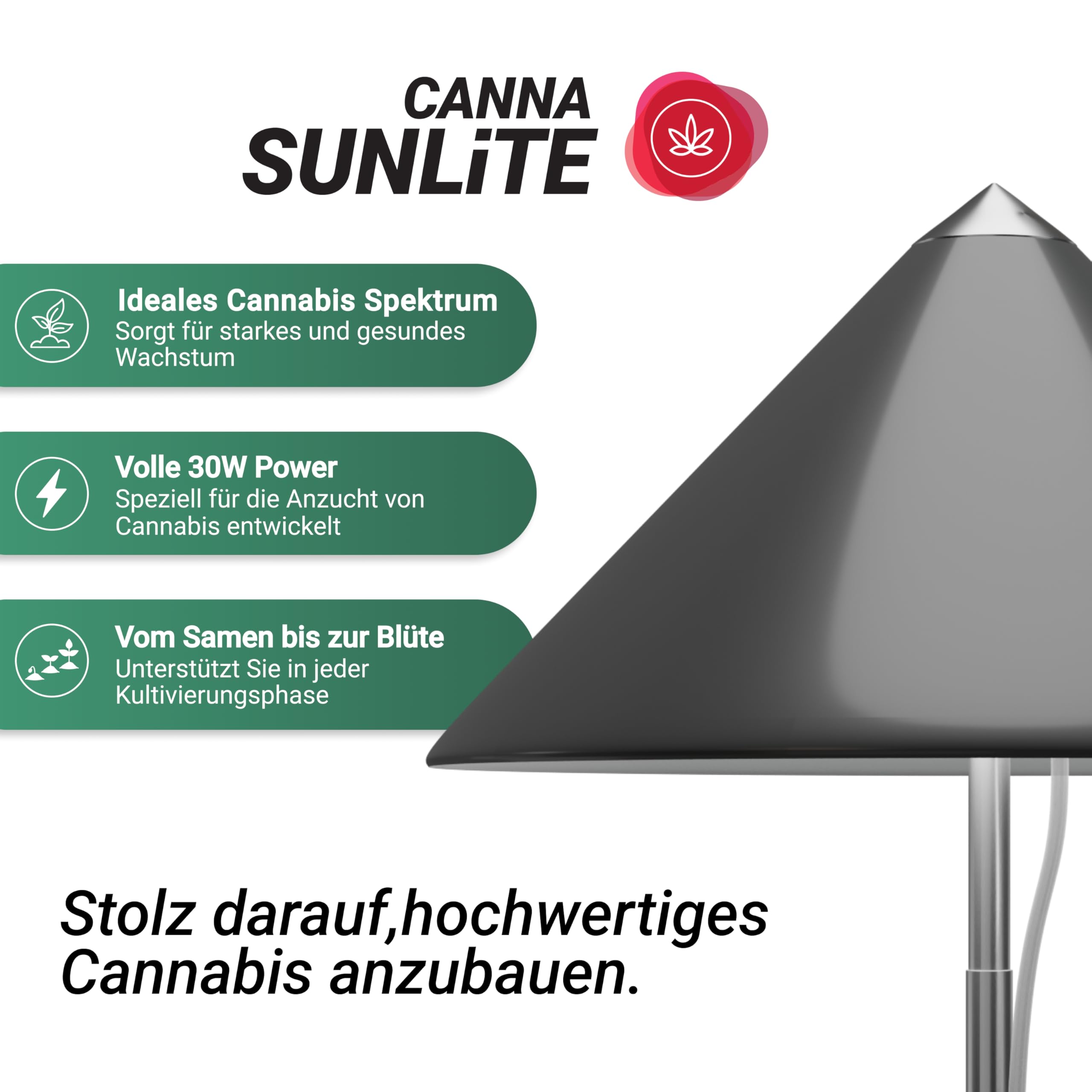 VENSO LED Pflanzenlampe Vollspektrum CANNA SUNLiTE, 30W Parus Grow Light, Ausziehbarer Teleskopstab bis 170cm, Ideal für 1-2 Cannabis Pflanzen, Indoor Anzucht, 4000K, IP54, EU-Stecker
