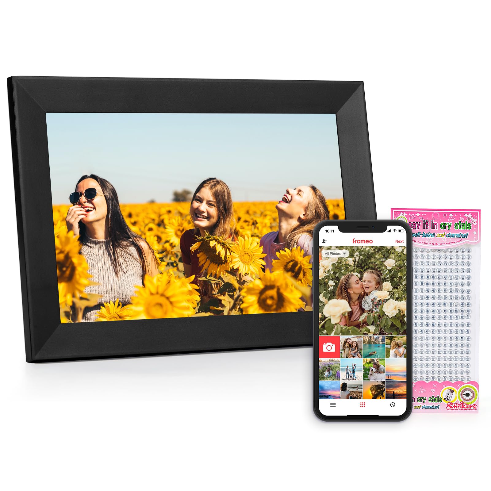 10.1 Inch Digital Picture Frames for Photos and Videos with Built-in 32GB Memory, Touch Screen Electric Picture Frame Slideshow, Gift for Friends and Family (DIY Stickers Included)