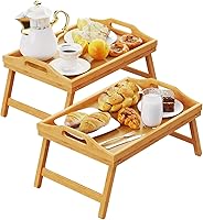 Easoger 2 Pack Bamboo Breakfast Bed Trays with Folding Legs - 17x13 Inch Lap Trays for Eating, TV, Work, Recovery - Adults & Kids