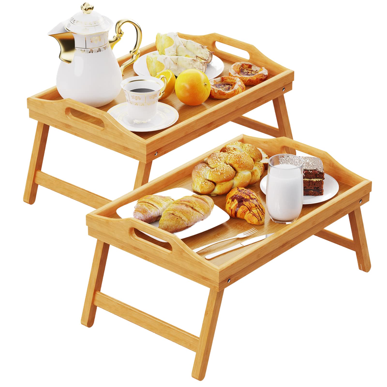 2 Pack Breakfast in Bed Tray for Eating, 16.92 x 12.6 Inch Bed Table Tray with Folding Legs & Handles, Bamboo Food Lap Trays Fits for Adult Kids Eating/TV/Surgery Recovery by Easoger. Set of 2