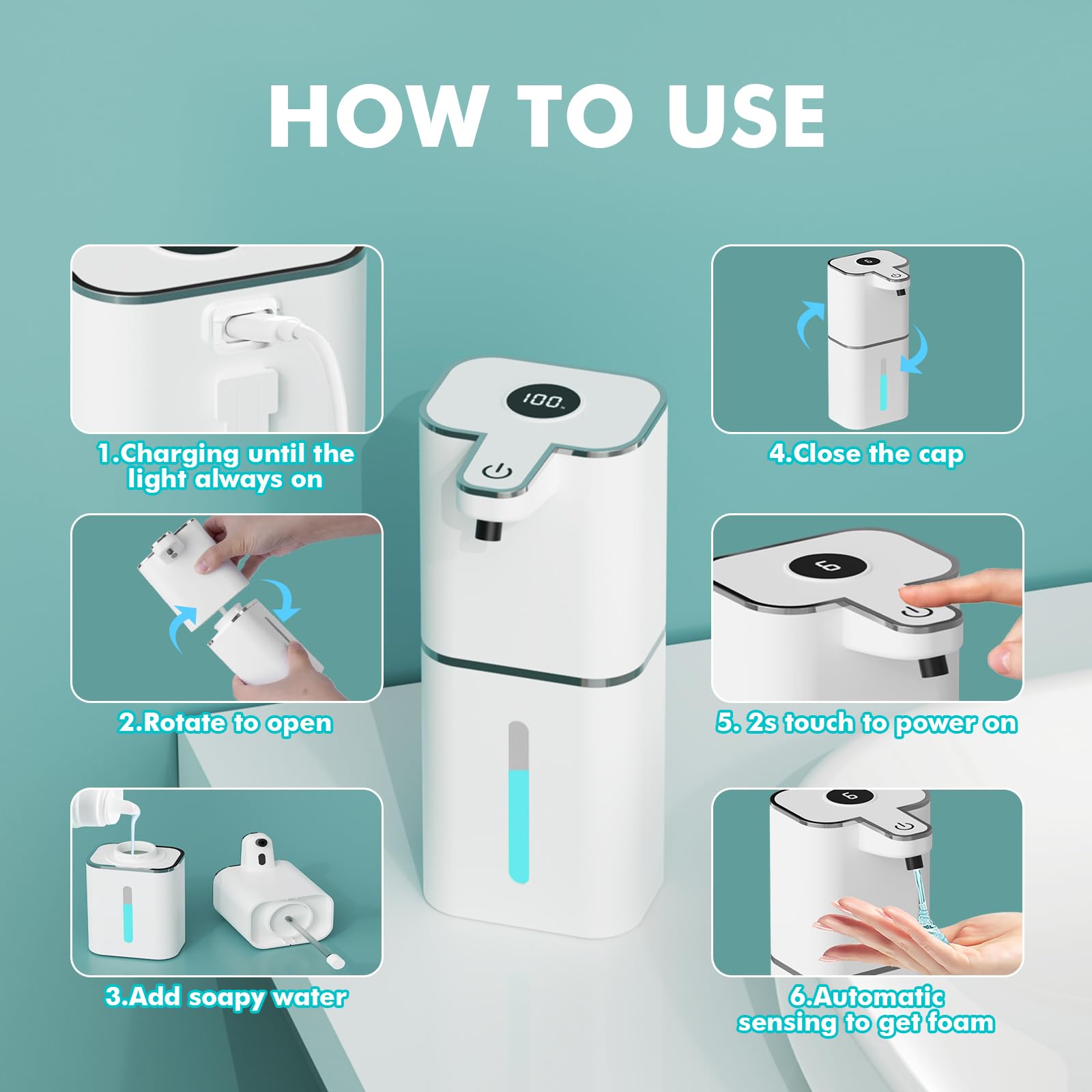 6 Niveles Ajustables Dispensador Jabon Cocina con Sensor, Resistente al Agua IPX5 para Cocina, Baño, Escuelas, Aseo, Familia