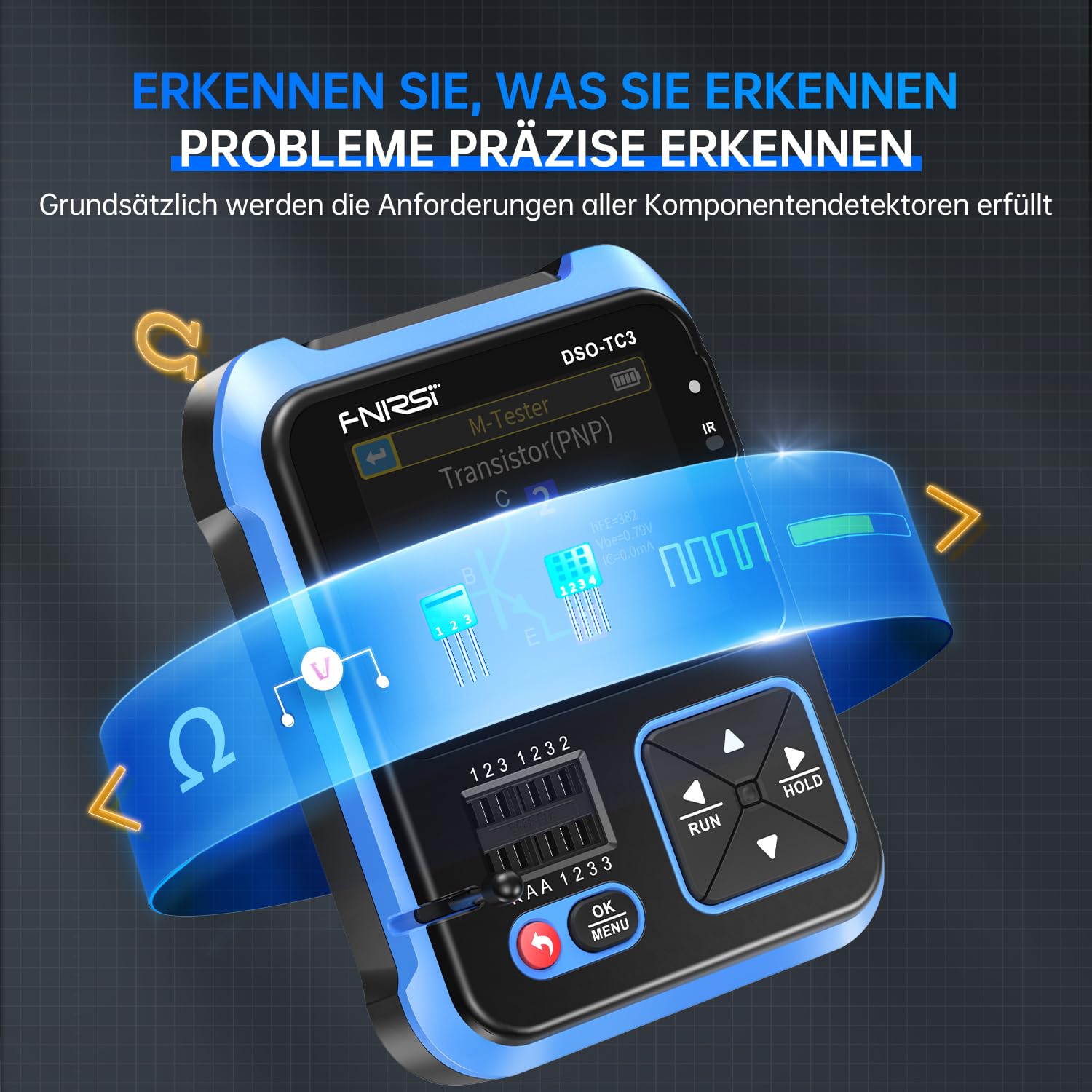 FNIRSI DSO-TC3 Oszilloskop – 3IN1 Handoszilloskop & DDS Signalgenerator & Transistortester, 500kHz Bandbreite, 10 MSa/s Abtastrate, 6 Arten von Wellenformen, Transistormessung