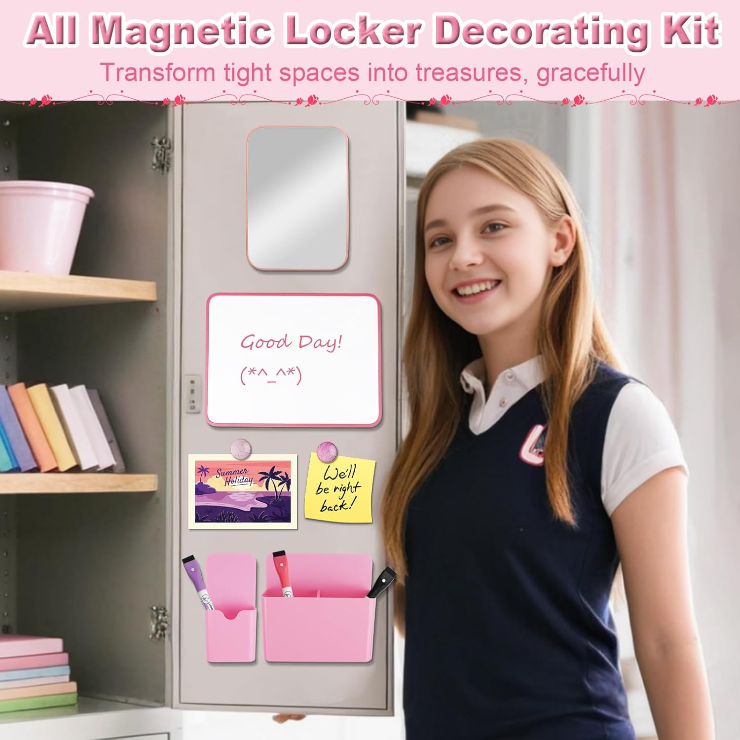 20 PCS Locker Accessories with 2 Locker Shelf, Pink Locker Decoration for Girls, Back to School Essentials Magnetic Locker Organizer, Mirror, Whiteboard, Pen Holder, Magnetic Picture Frame and Magnets