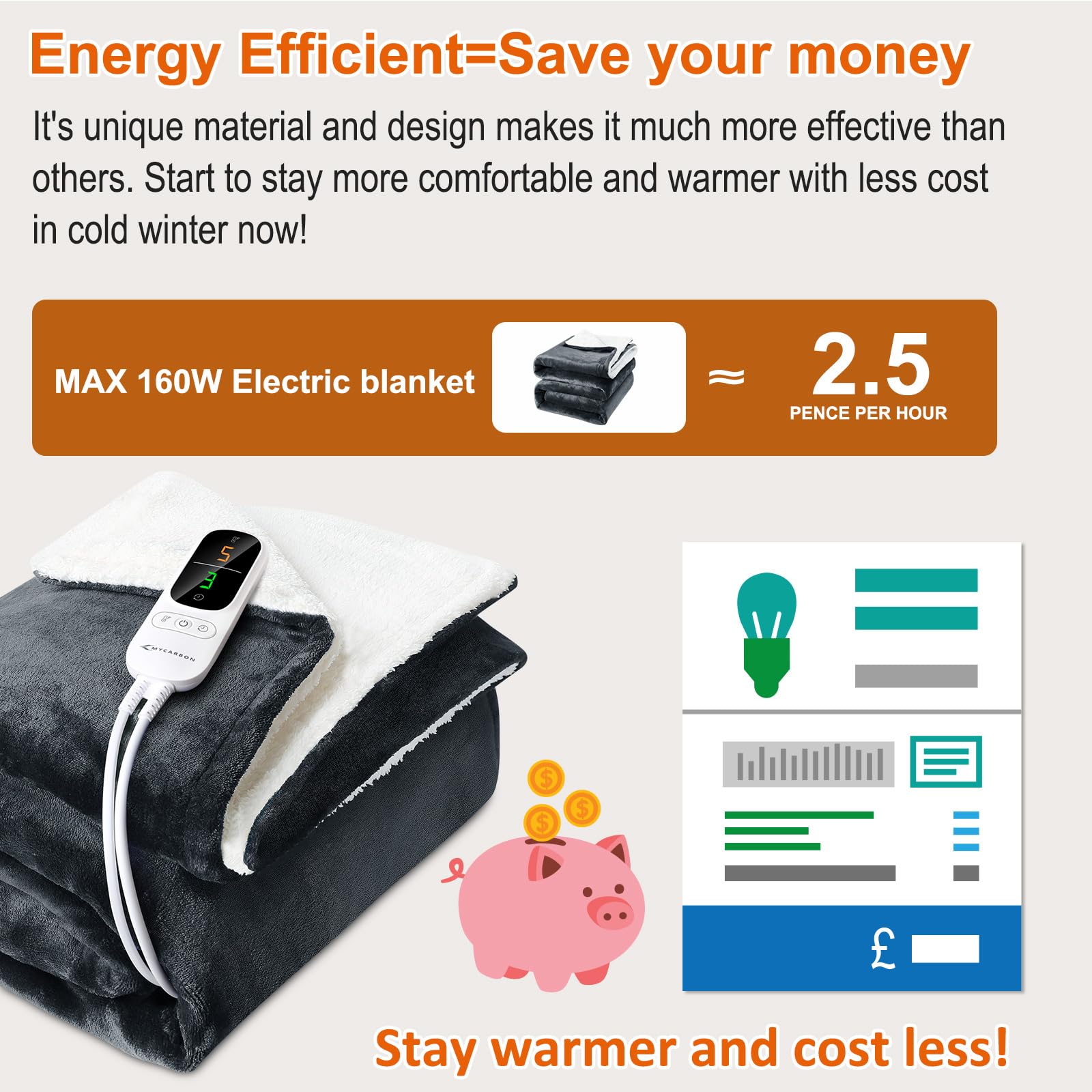 MYCARBON Heizdecke mit abschaltautomatik 180x160cm, Waschbar Wärmedecke Elektrisch mit 6 Heizstufen 9h Timer, Überhitzungsschutz & Mehrschichtiger Schutz für Home Bett Büro Sofa Dunkelgrau
