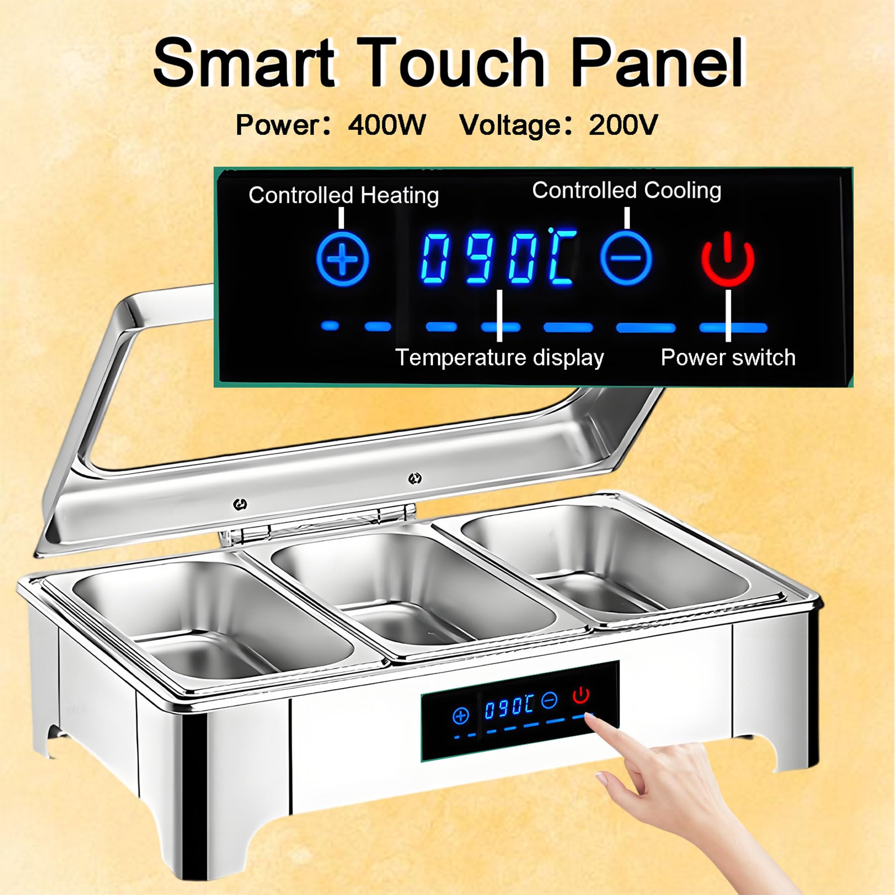 Chafing Dish Electrico, 9L Calentador de Comida Electrico Buffet | Calentador de Buffet Acero Inoxidable con Control Inteligente para Buffet y Fiestas, Temperatura Regulable 0-90℃