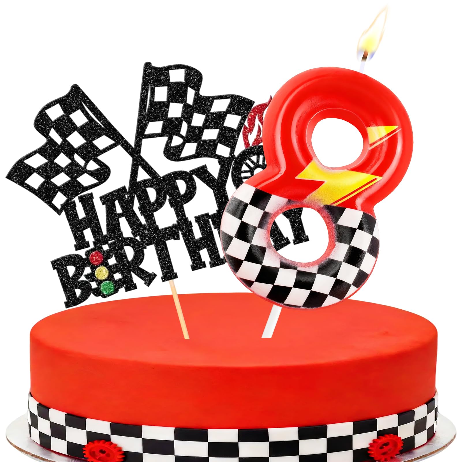 Racing Cars Themed Number Candles, Cake Candles with Greeting Card for Birthday Party Wedding Anniversary Celebrations(8 Candle,Sparkle)