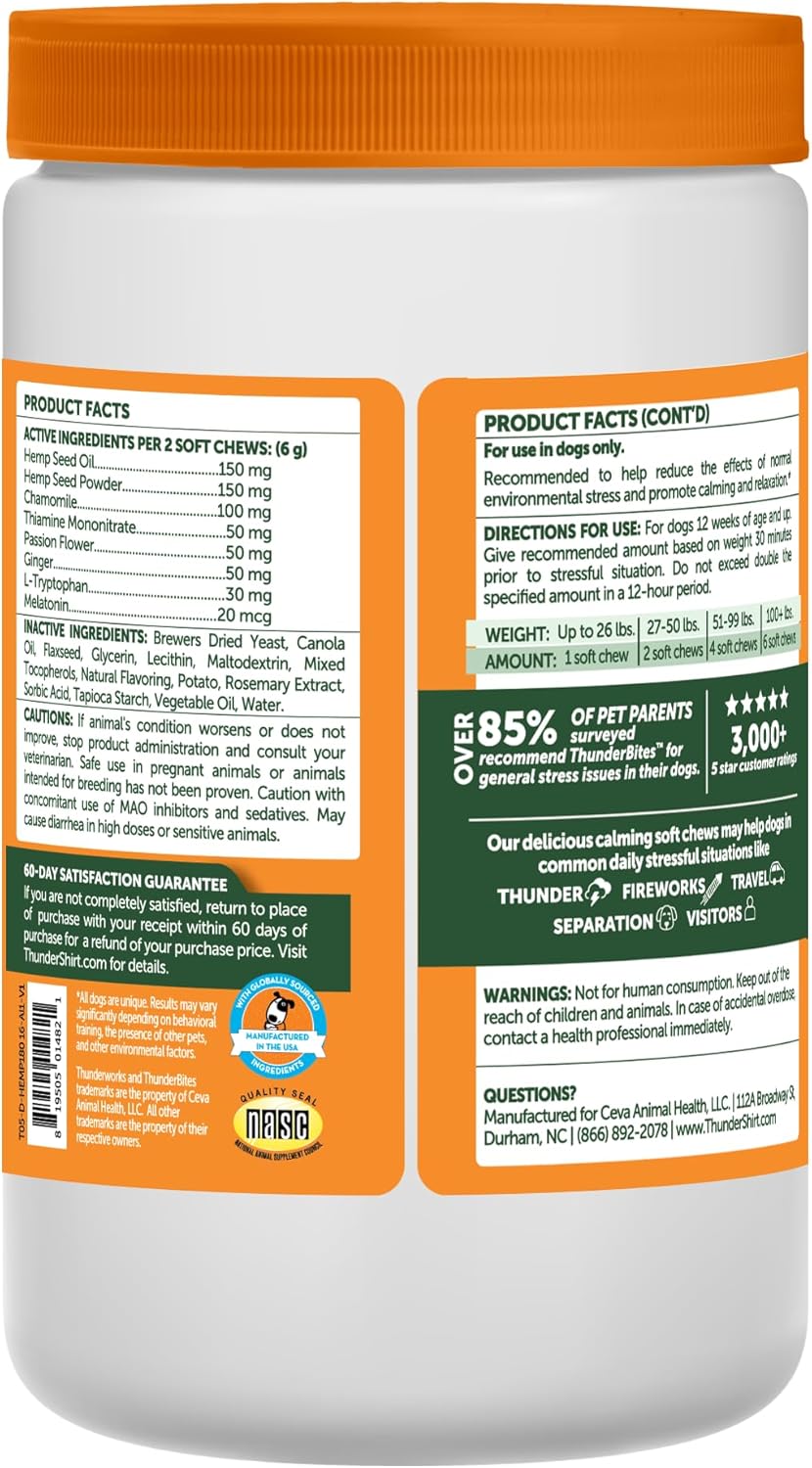 ThunderBites Hemp Calming Chews For Dogs, Everyday Use Can Help Relieve Stress from Separation, Storms, Fireworks & Travel (180 Count), Formerly ThunderWunders