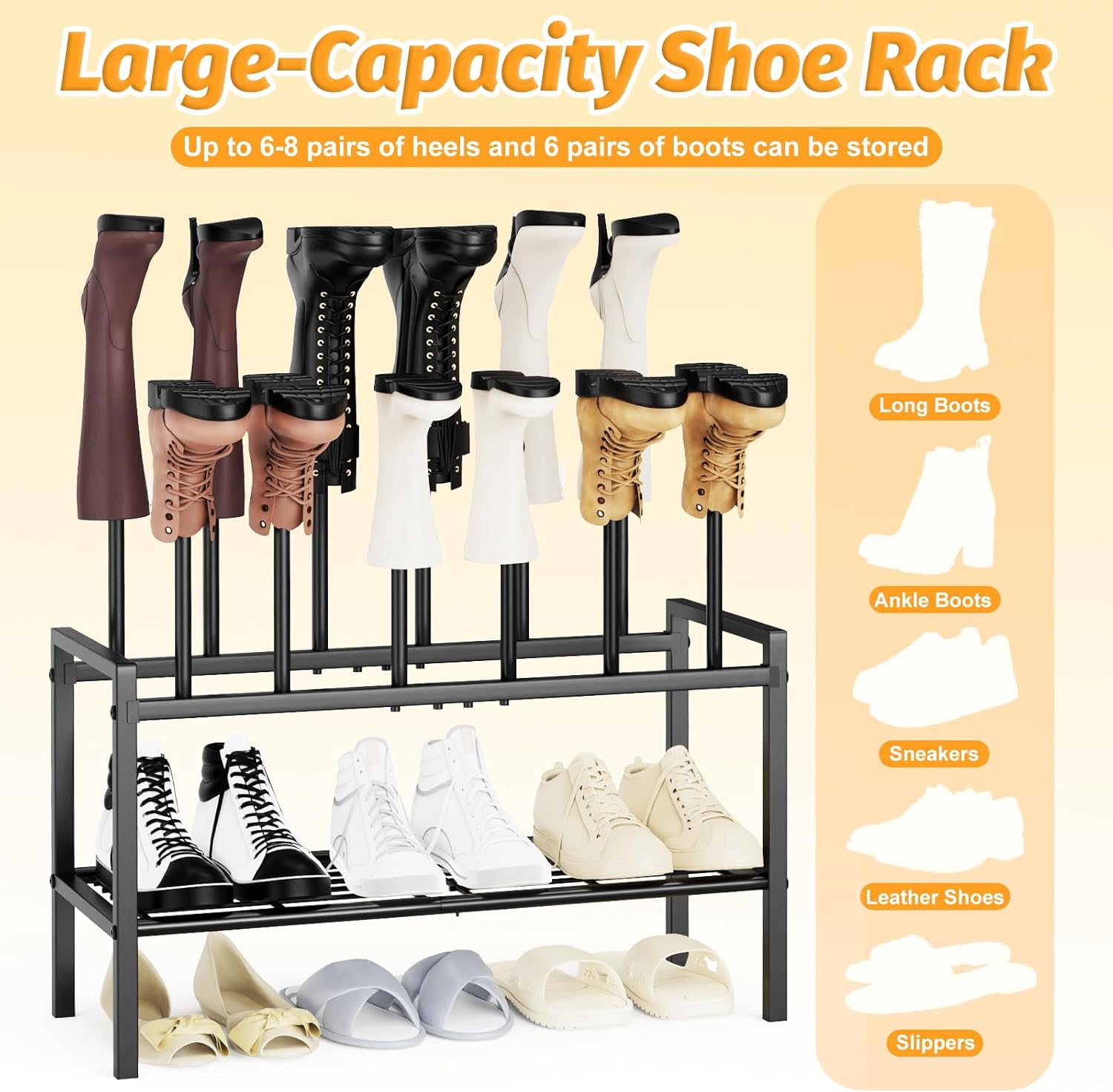 Tall Boot Shoe Rack,FreeStanding Metal Shoe Racks with 12 Long Posts Holds 6 Pairs,Boot Shelf Storage Organizer for Closet Entryway Floor Bedroom Outdoor, Black - Image 5