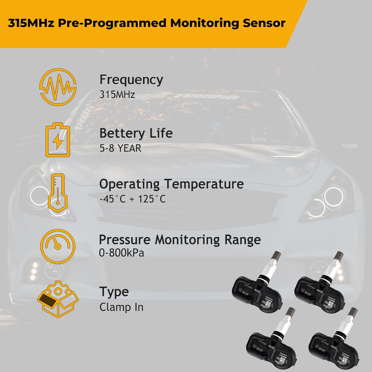 TPMS Sensors Set of 4 Pre-Programmed Tire Pressure Sensor 315MHz for Nissan 370Z Leaf Infiniti EX FX QX Series Replaces 40700-1LA0C 40700-1LA0E PMV-C811
