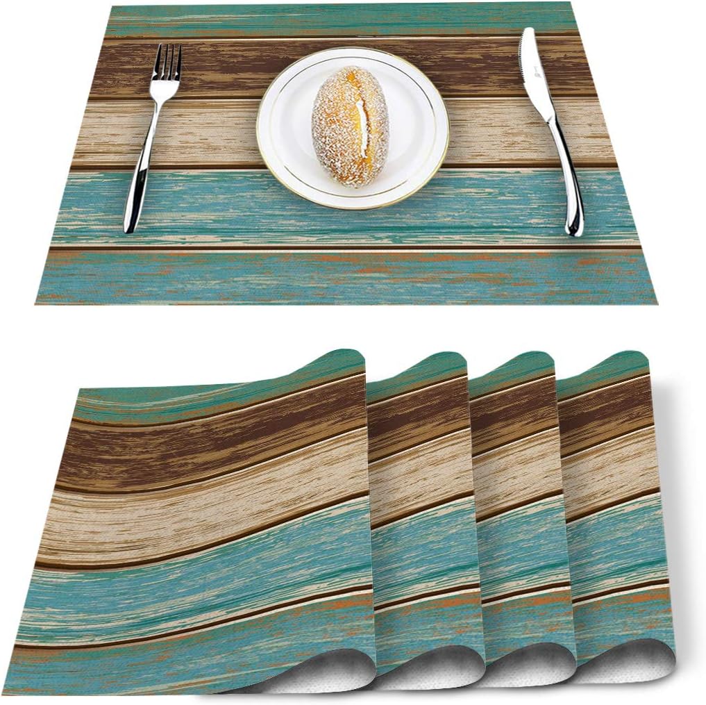 VandarllinPlacemats Set of 6, Retro Rustic Wood Texture Polyester Stain Resistant Table Mats Washable Placemat Decoration for Kitchen Dining Table Teal Green Brown