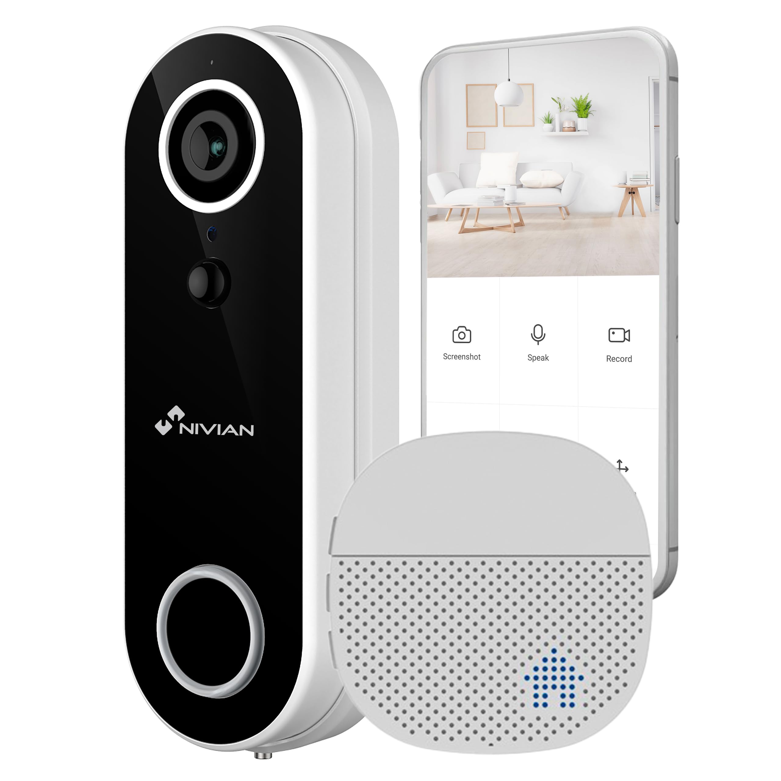 NIVIAN - Video Timbre Inteligente WiFi con Cámara Full HD, Audio Bidireccional, Detección de Movimiento, Visión Nocturna, Batería Recargable, Compatible con App Tuya, Alexa y Google
