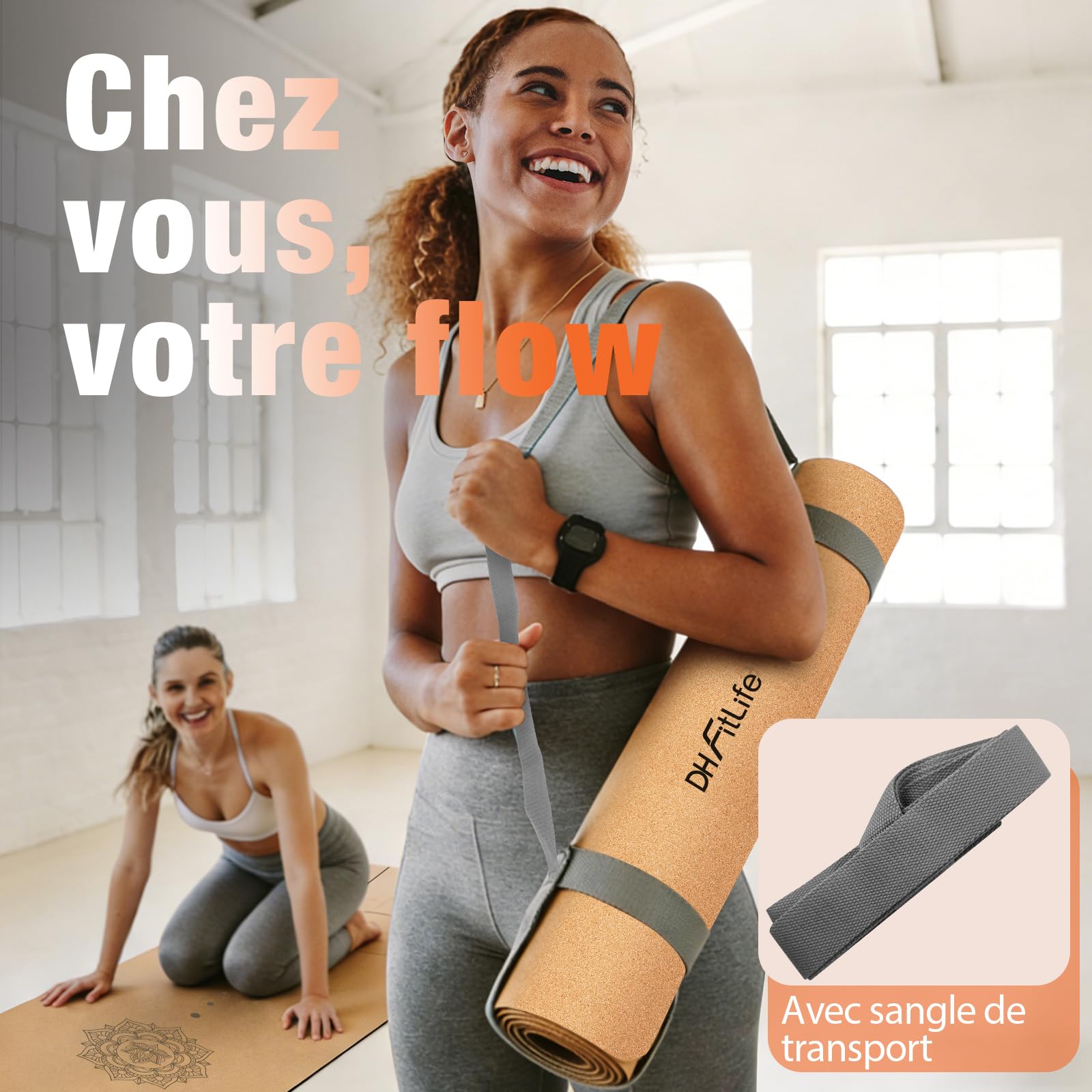 DH FitLife Tapis Yoga Liège Antidérapant Caoutchouc Naturel Pilates Fit | Sangle Transport｜Yoga Pilates｜Tapis Yoga Antidérapant｜Liège Naturel｜Caoutchouc Naturel｜Facile à Nettoyer